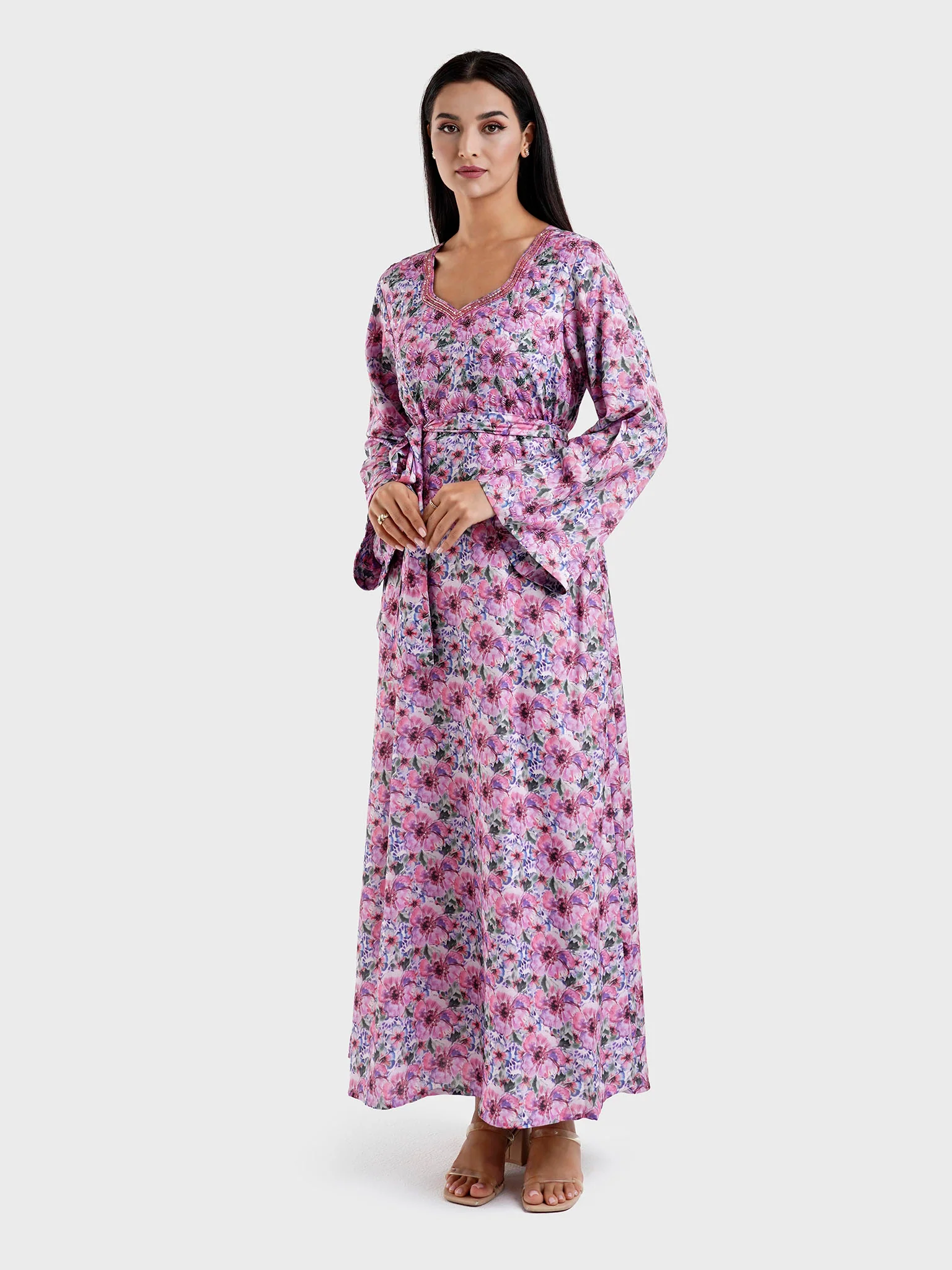 Crepe Pink Floral Print Dress with Handwork (VW207) - Image 3