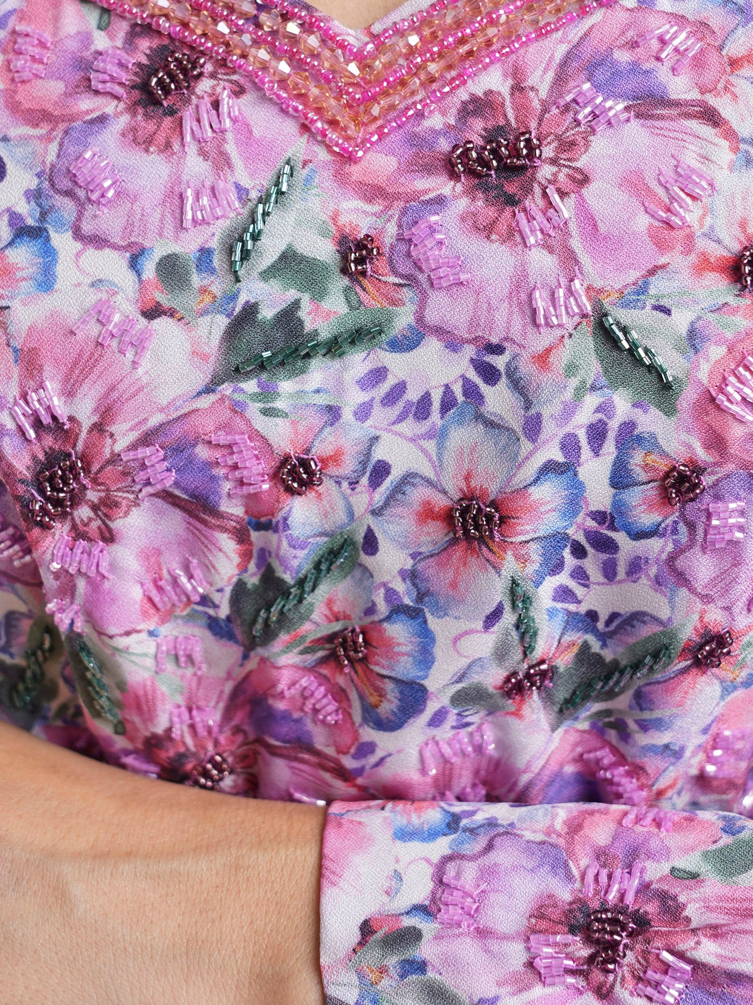 Crepe Pink Floral Print Dress with Handwork (VW207) - Image 5