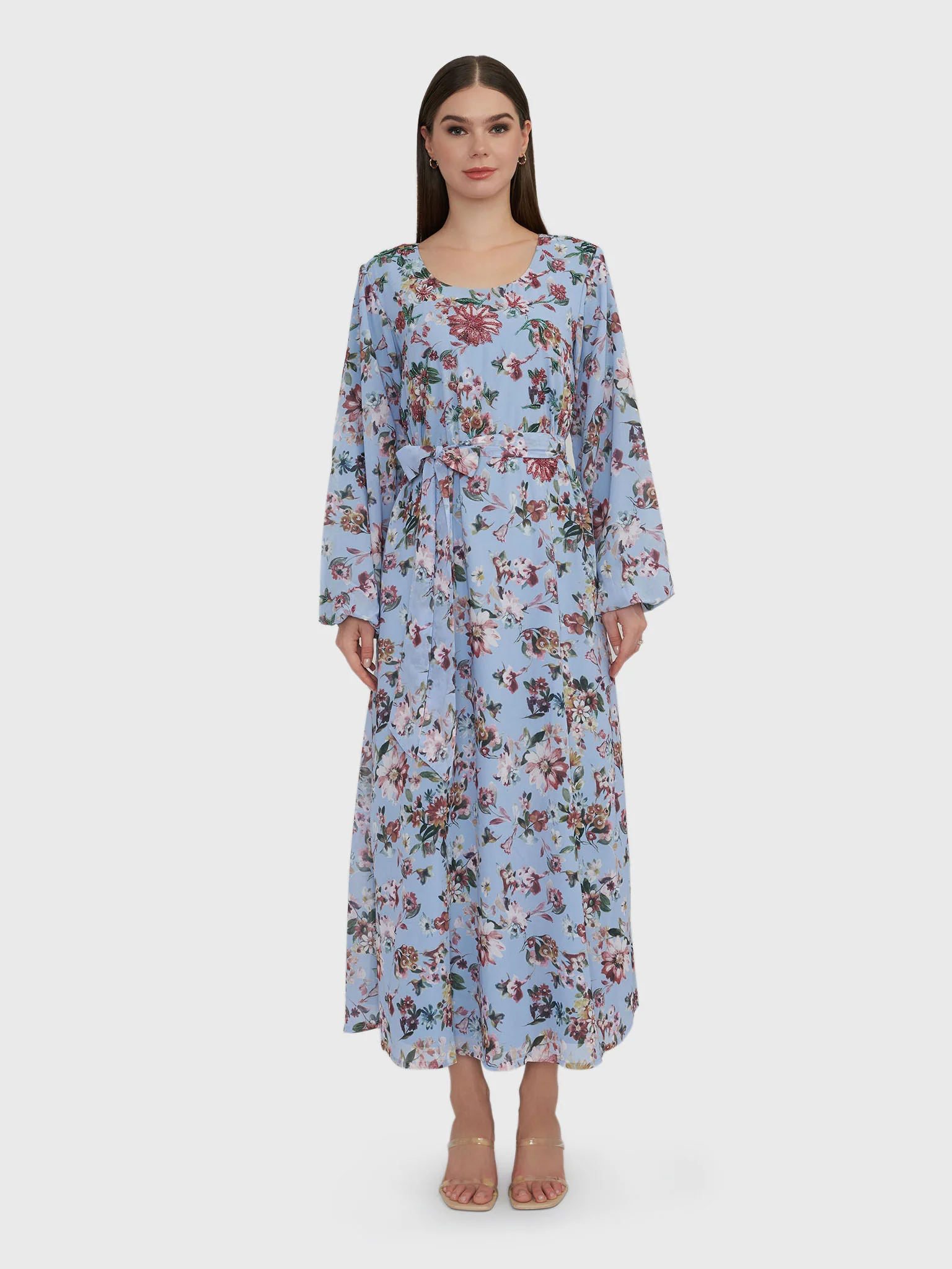 Floral Print Sky Blue Georgette Maxi Dress (VY01) - Image 3