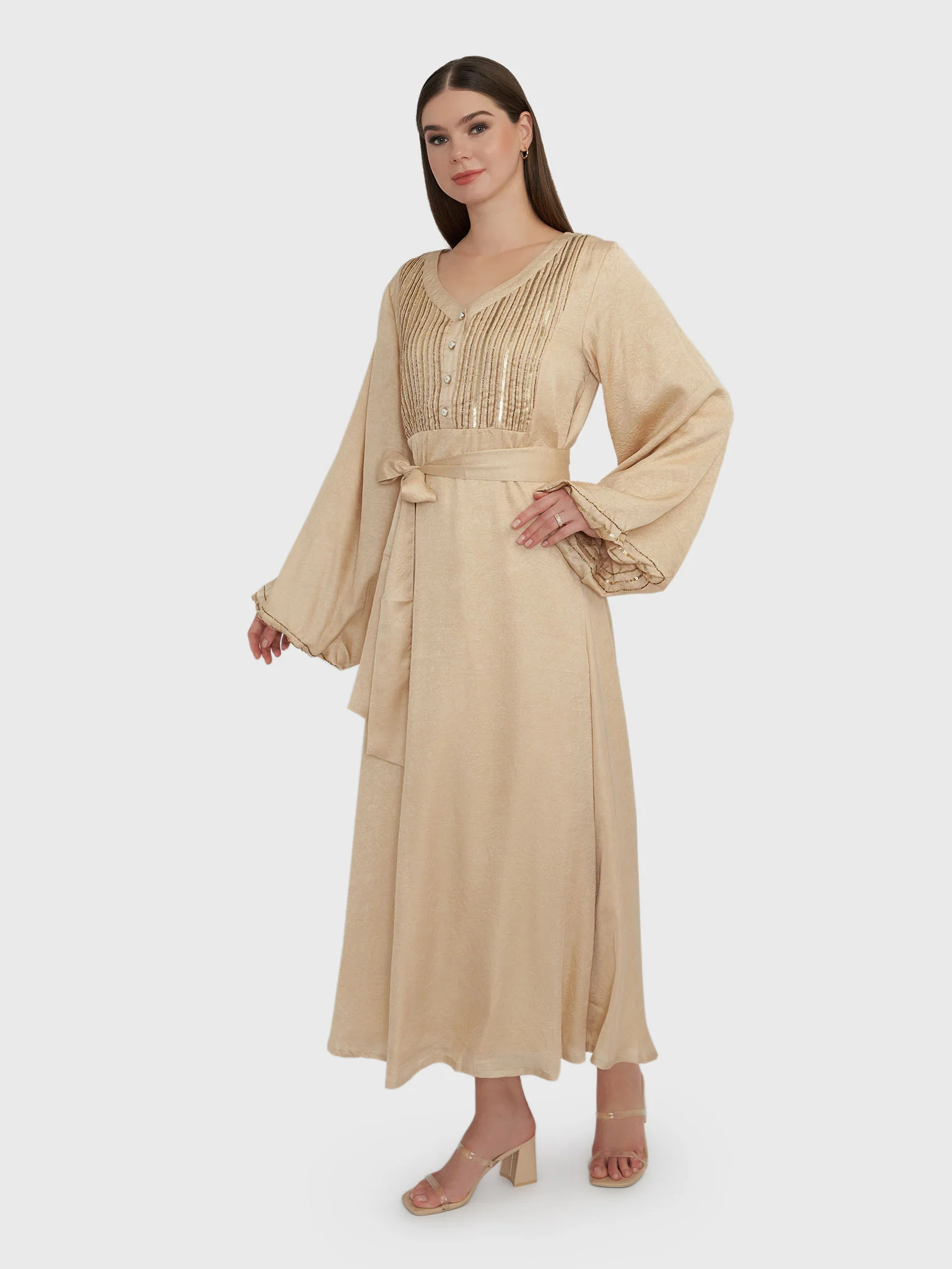 Beige Textured silky Maxi Dress with Beads Work (VY04) - Image 3