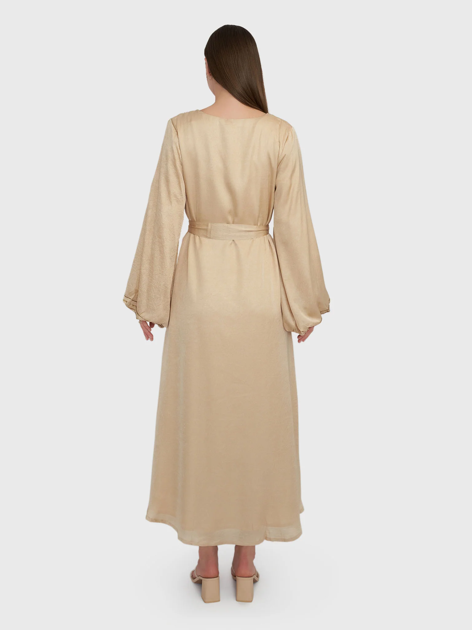 Beige Textured silky Maxi Dress with Beads Work (VY04) - Image 4