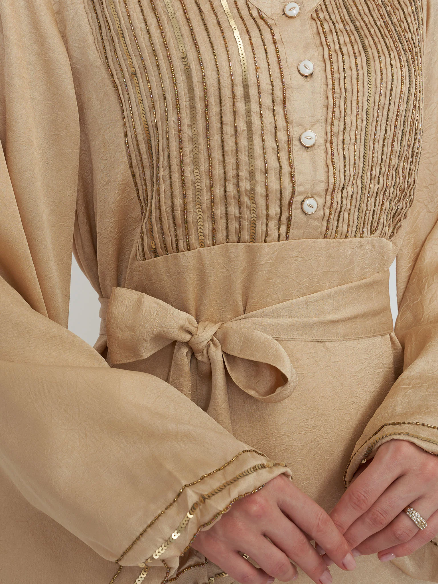 Beige Textured silky Maxi Dress with Beads Work (VY04) - Image 5