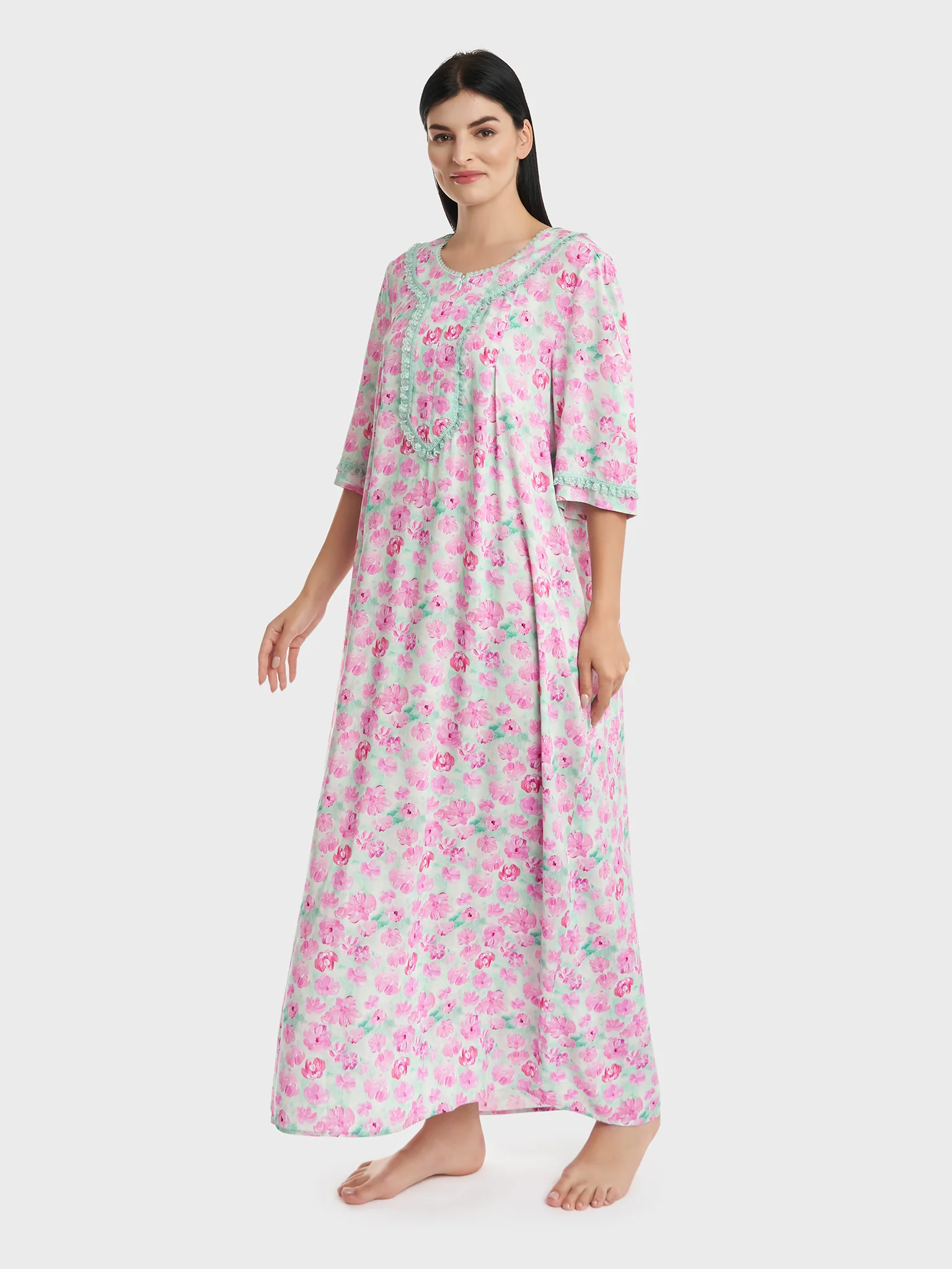 Three Fourth Sleeve Rayon Printed Nighty (CNH429) - Image 3