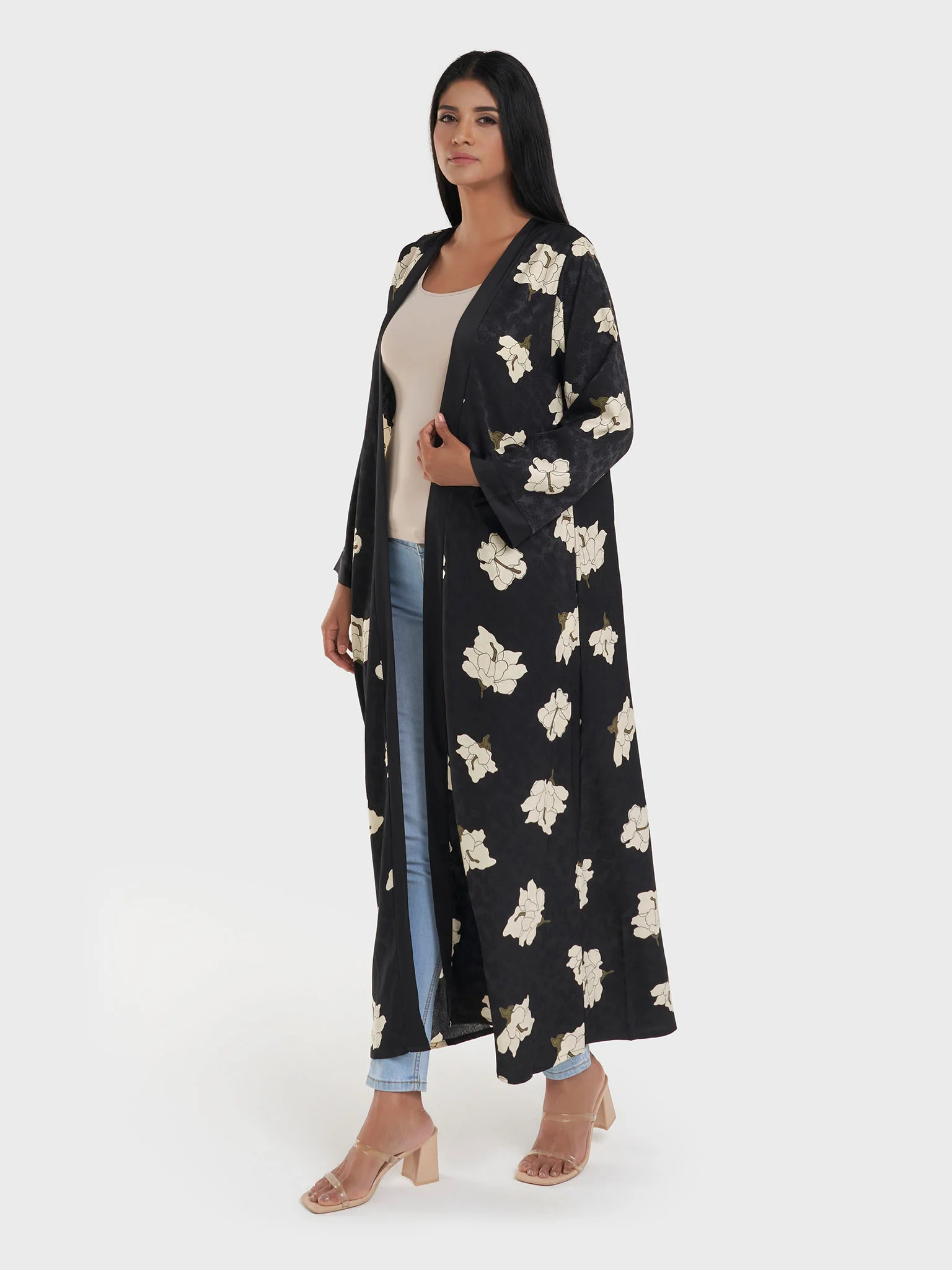 Black Jacquard Floral Print Kimono (AM623) - Image 3