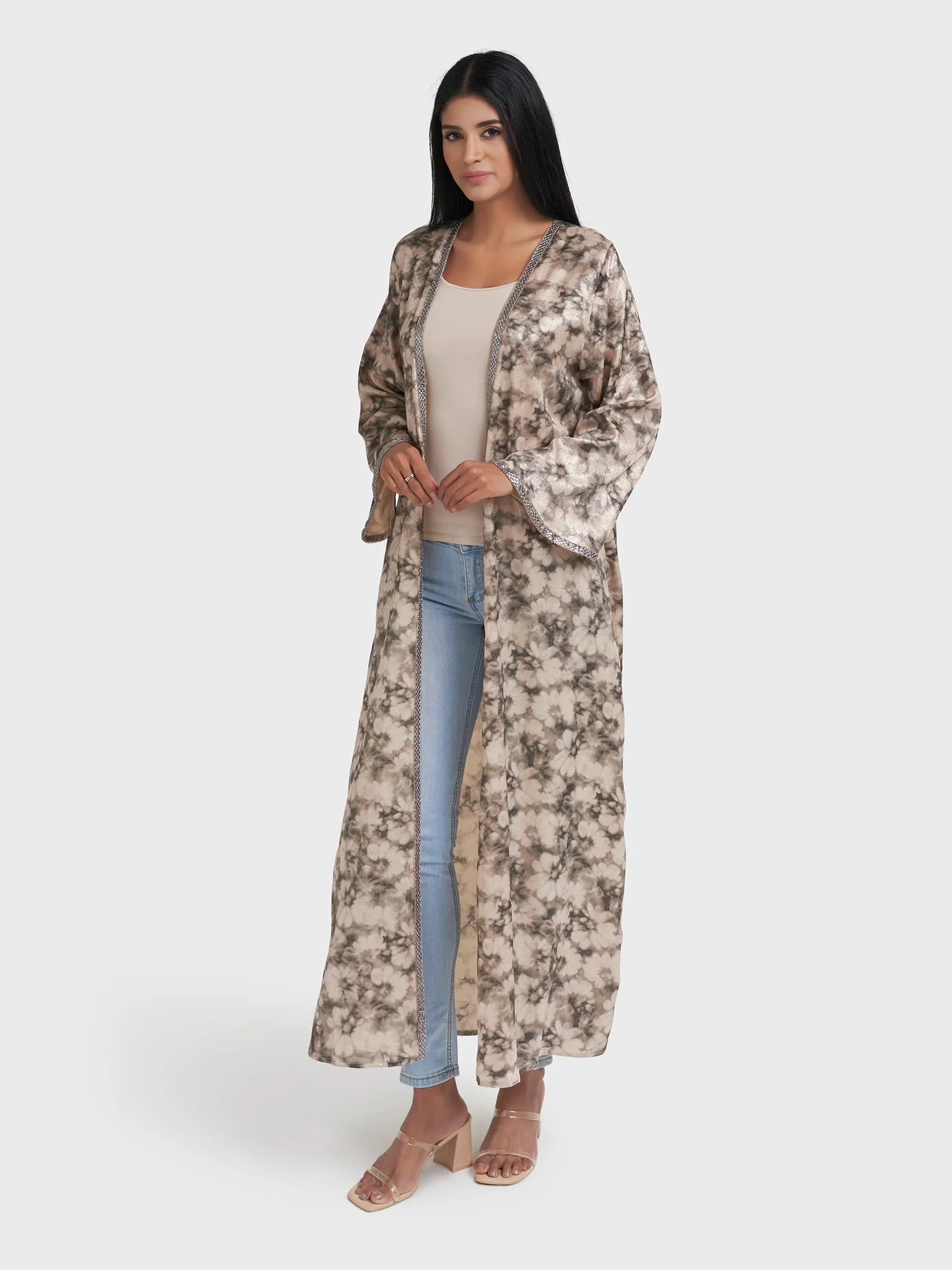 Faded Floral Print Kimono with Stonework Border (AM625) - Image 3