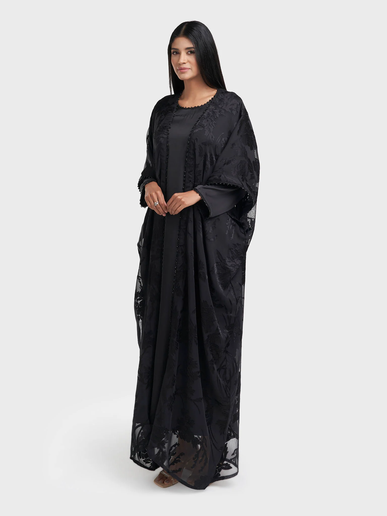 Black Satin Burnout Lace Work Kimono (RIZ10) - Image 3