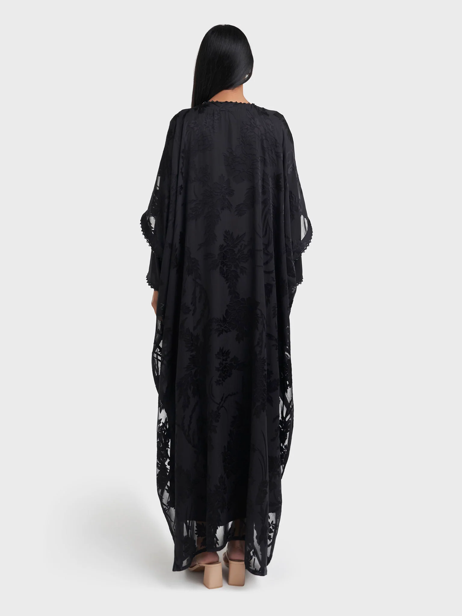 Black Satin Burnout Lace Work Kimono (RIZ10) - Image 4