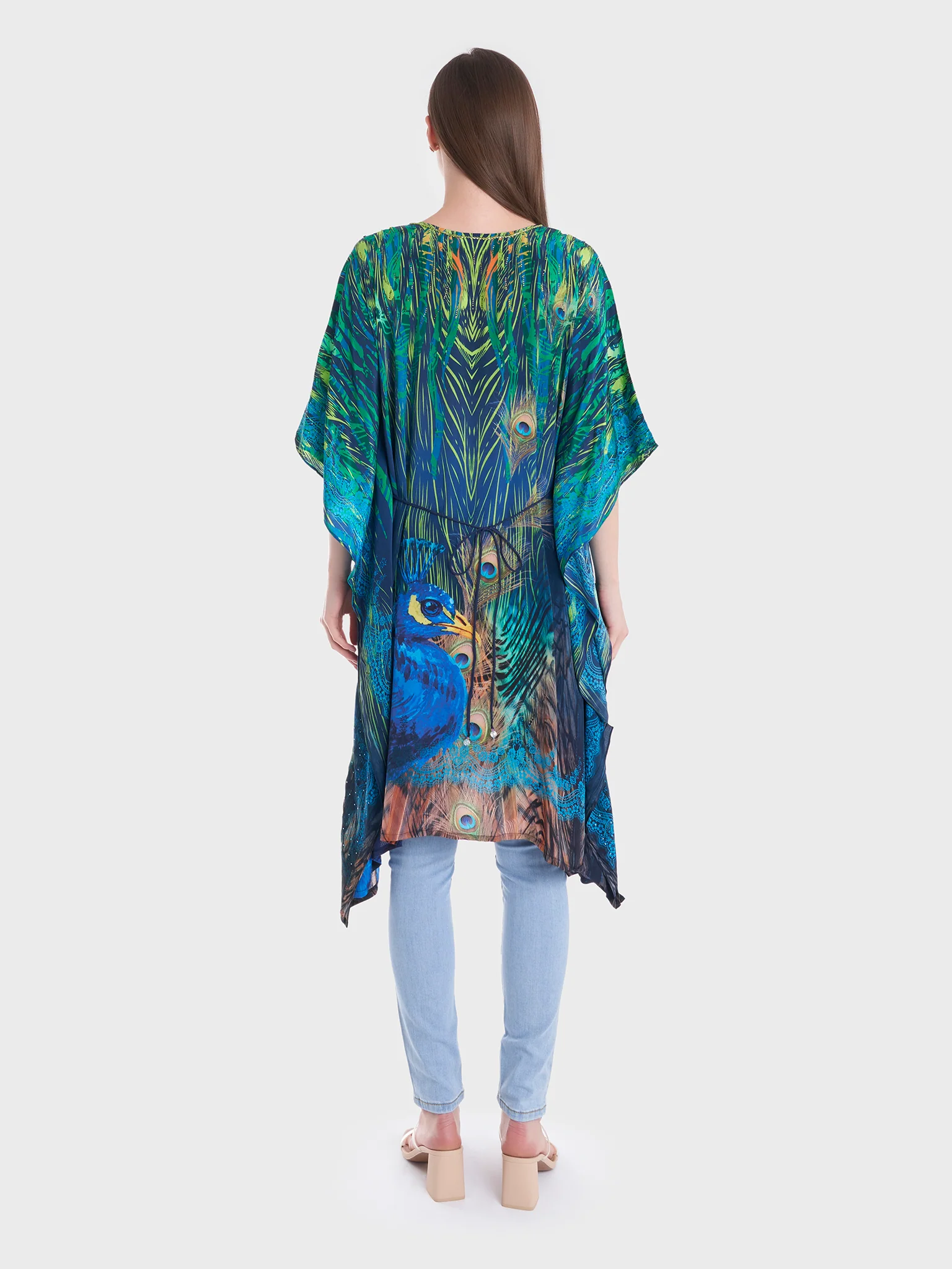 Digital Peacock Print Short Poncho (VDM466A) - Image 3