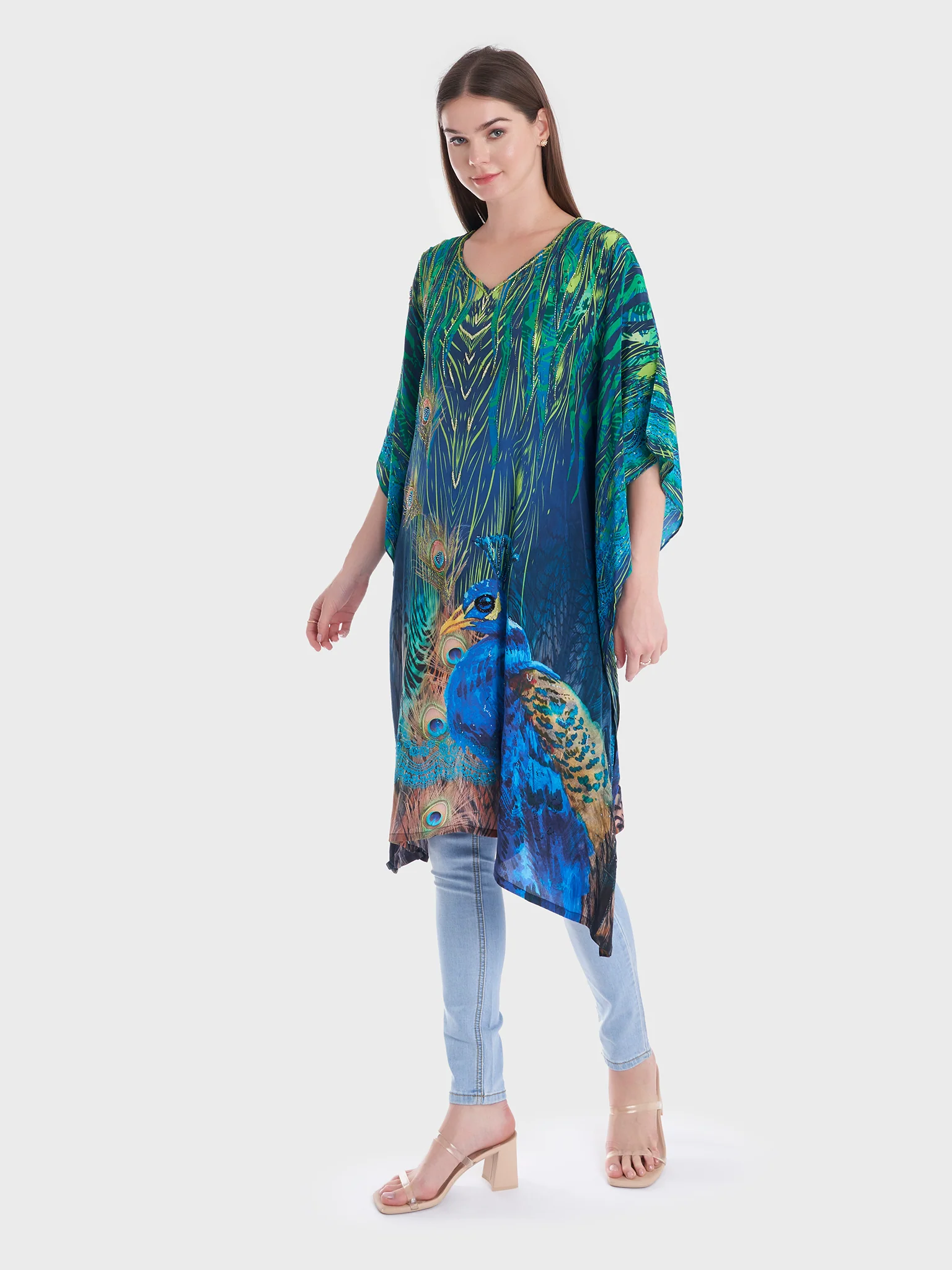 Digital Peacock Print Short Poncho (VDM466A) - Image 4
