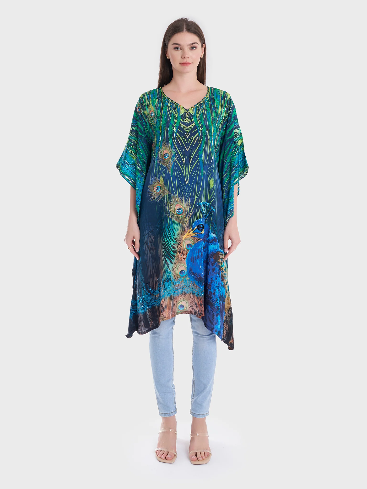 Digital Peacock Print Short Poncho (VDM466A) - Image 5