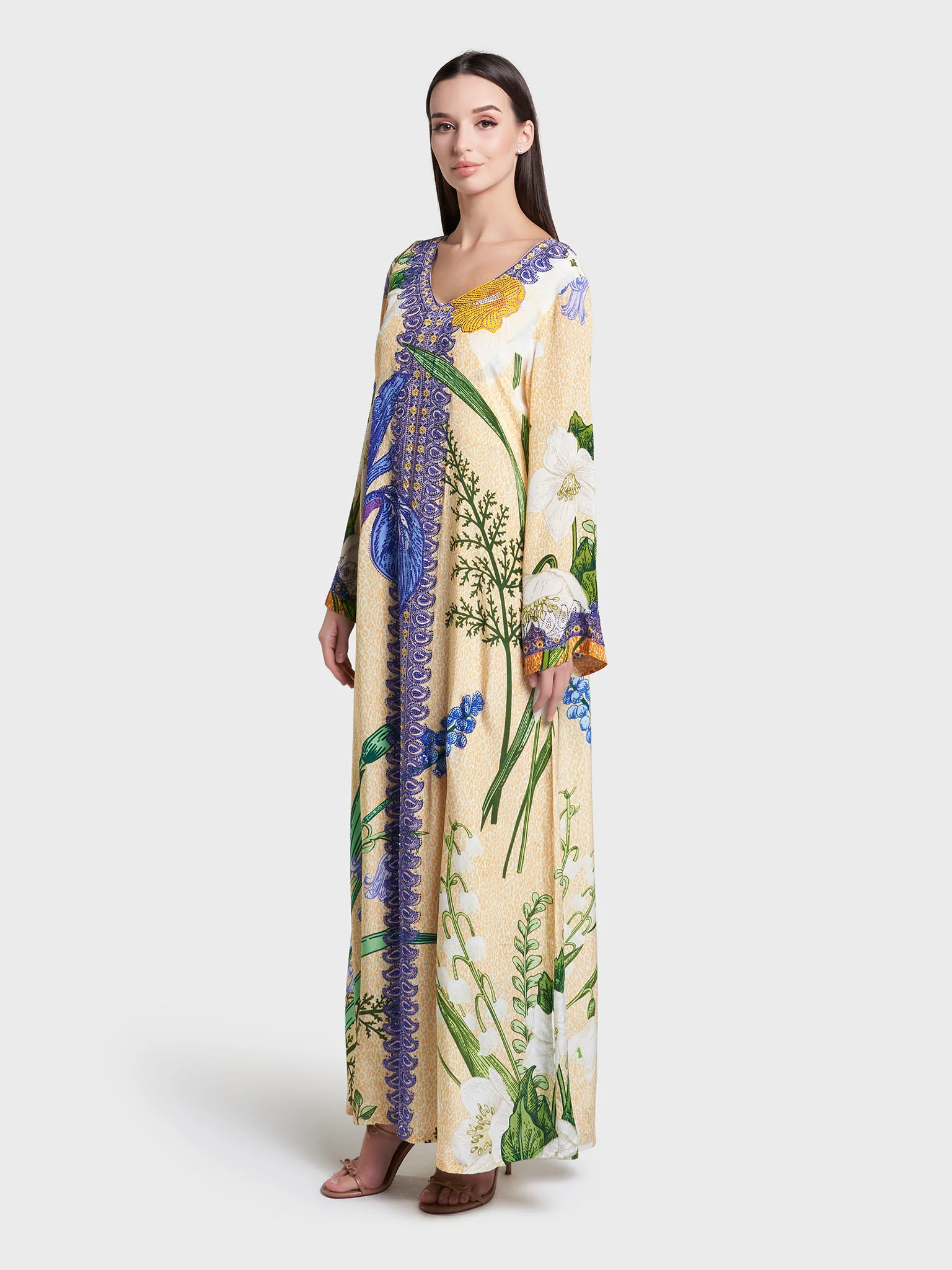 Yellow Floral and Leopard Print Stone Work Jalabiya (VDC138) - Image 3