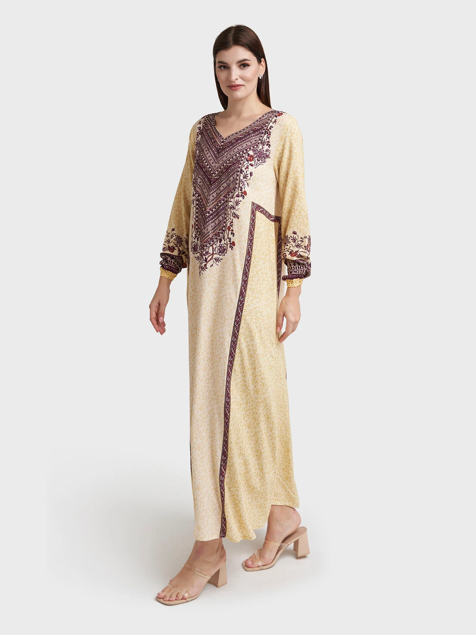 Yellow Rayon Floral Print Jalabiya (VDK317) - Image 3