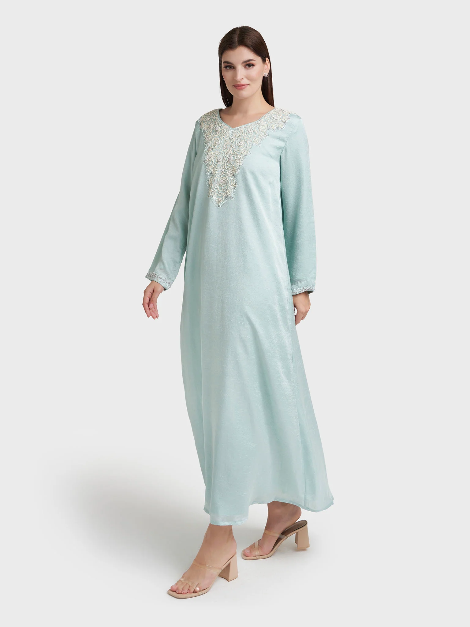 Mint Green Colour Texured Fabric Beads Work Jalabiya (VG2924) - Image 3