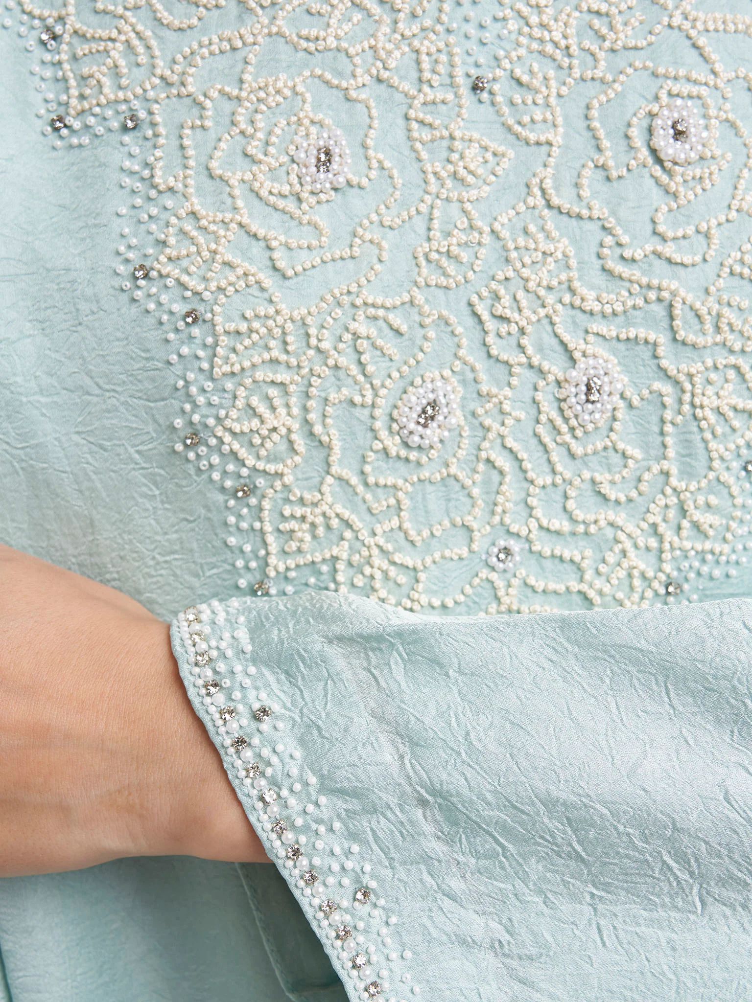 Mint Green Colour Texured Fabric Beads Work Jalabiya (VG2924) - Image 5