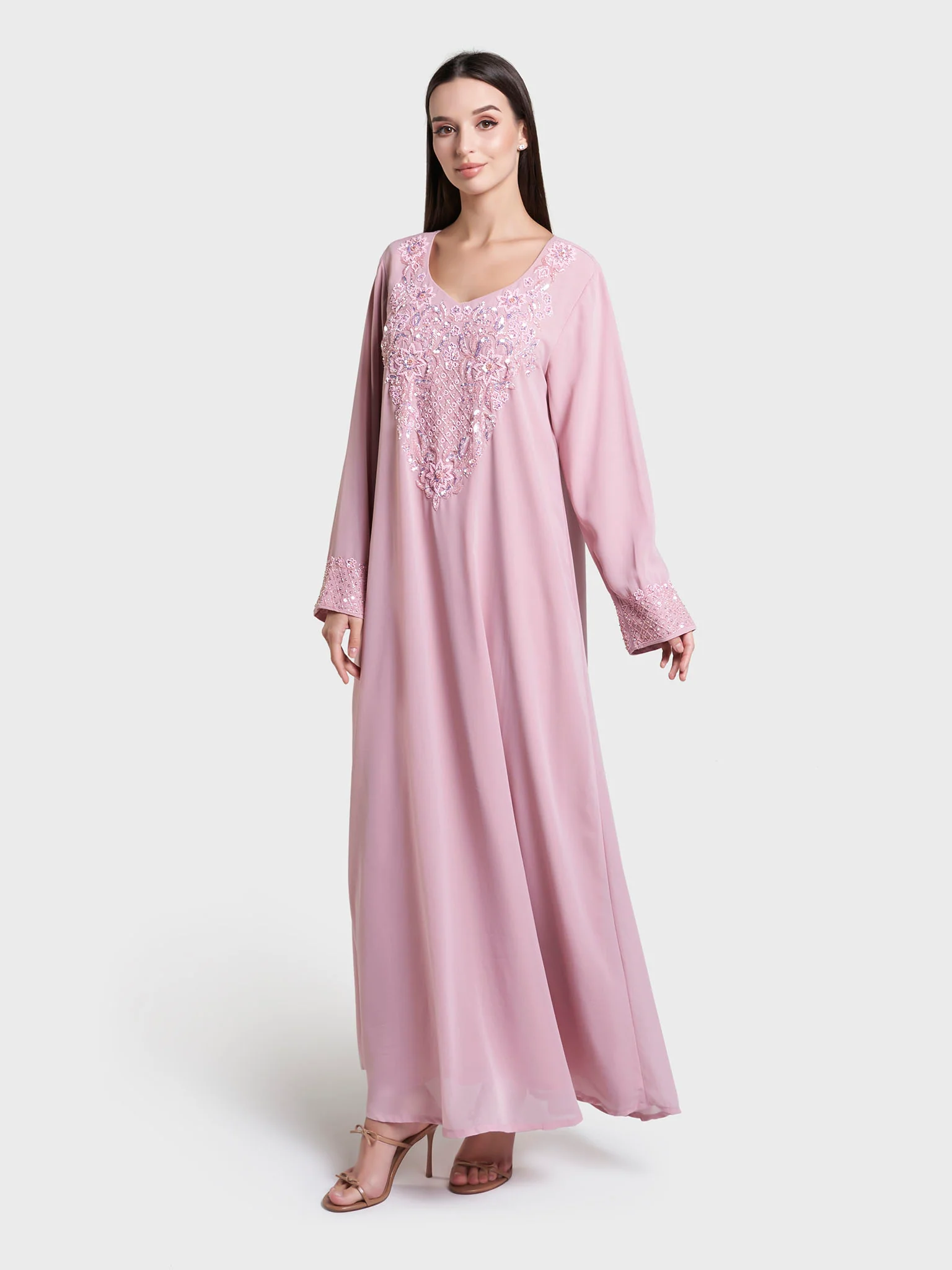 Dusty Pink Solid Hand Work Georgette Jalabiya (VG3145) - Image 3