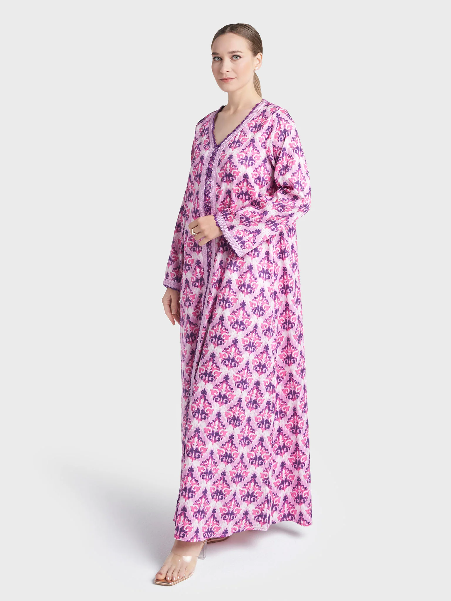 Lavender Colour Lace Work Cotton Satin Damask Printed Jalabiya (VW392) - Image 3