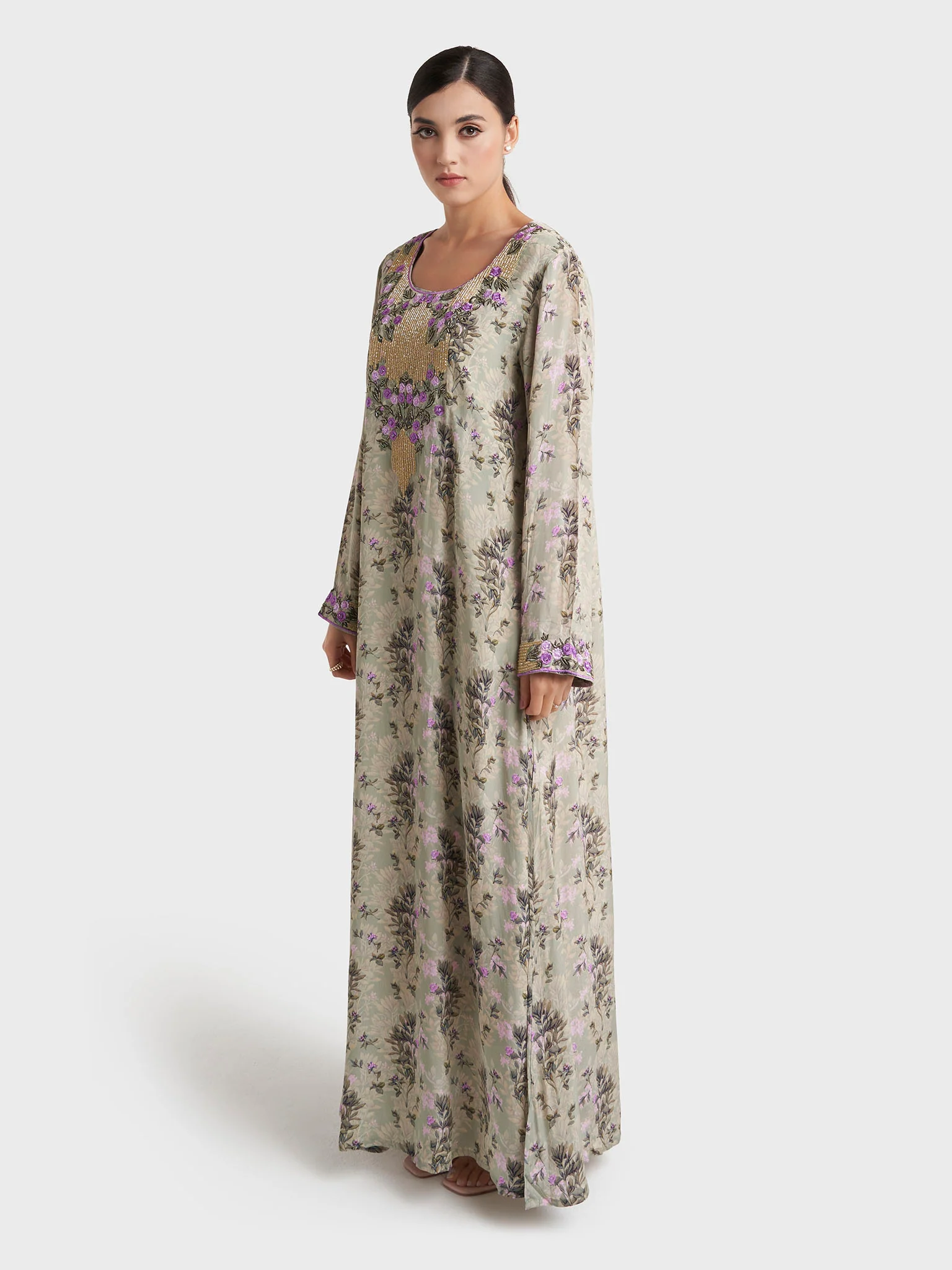 Sage Green Floral Print Viscose Crepe Jalabiya (VW454) - Image 3