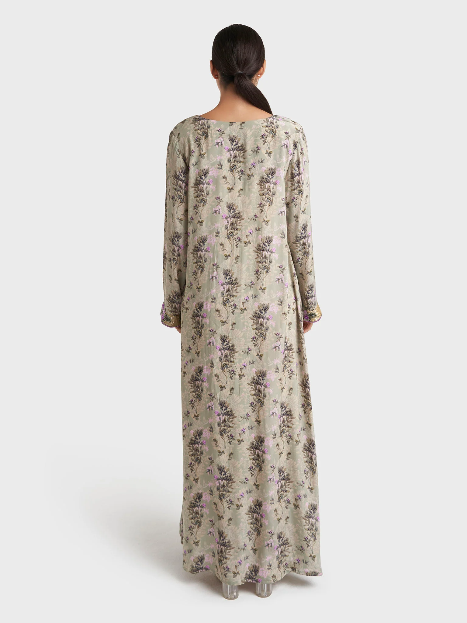 Sage Green Floral Print Viscose Crepe Jalabiya (VW454) - Image 4