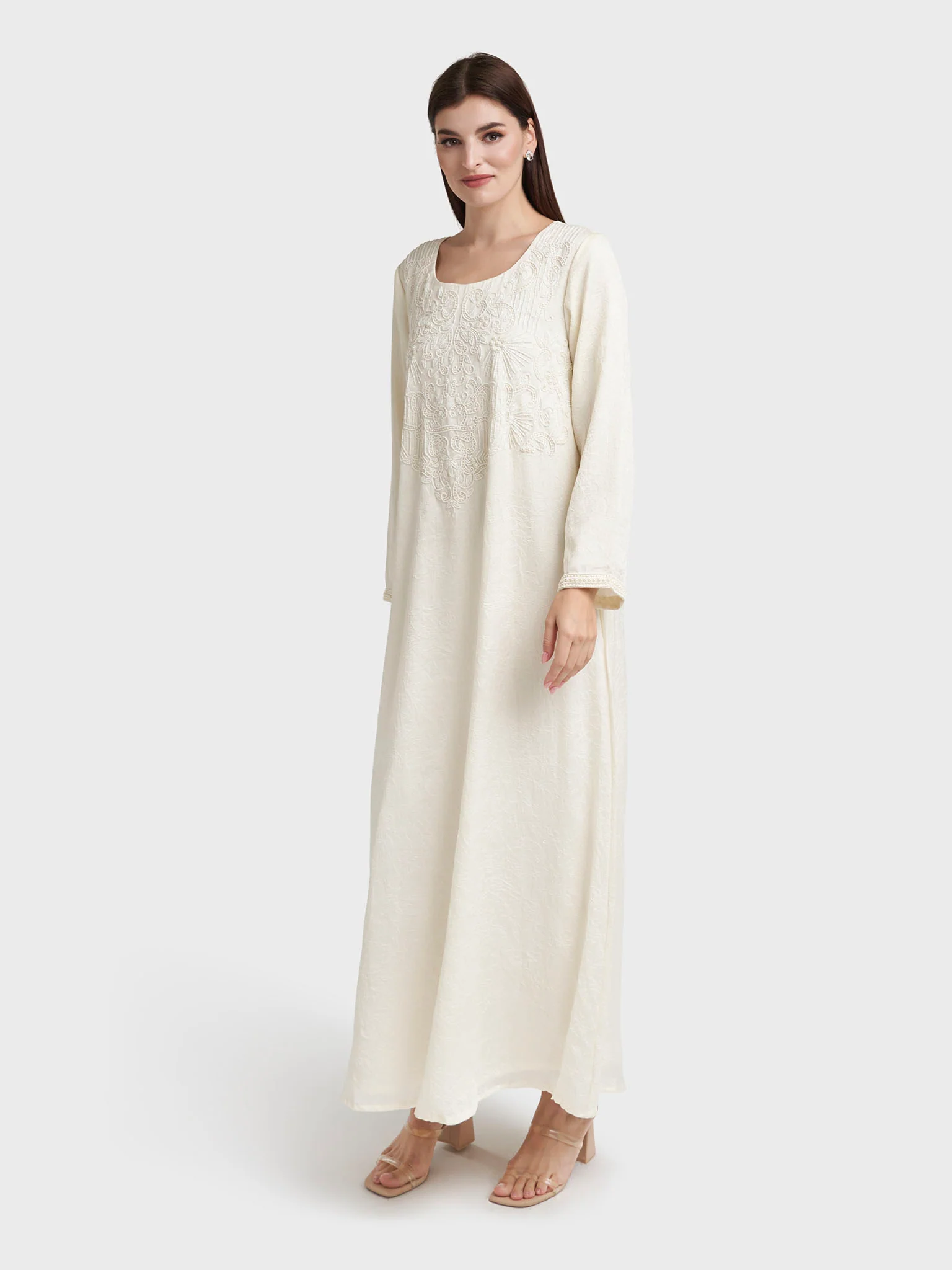 Solid Cream Colour Tashan Silk Jalabiya with Bead Work (VW86) - Image 3