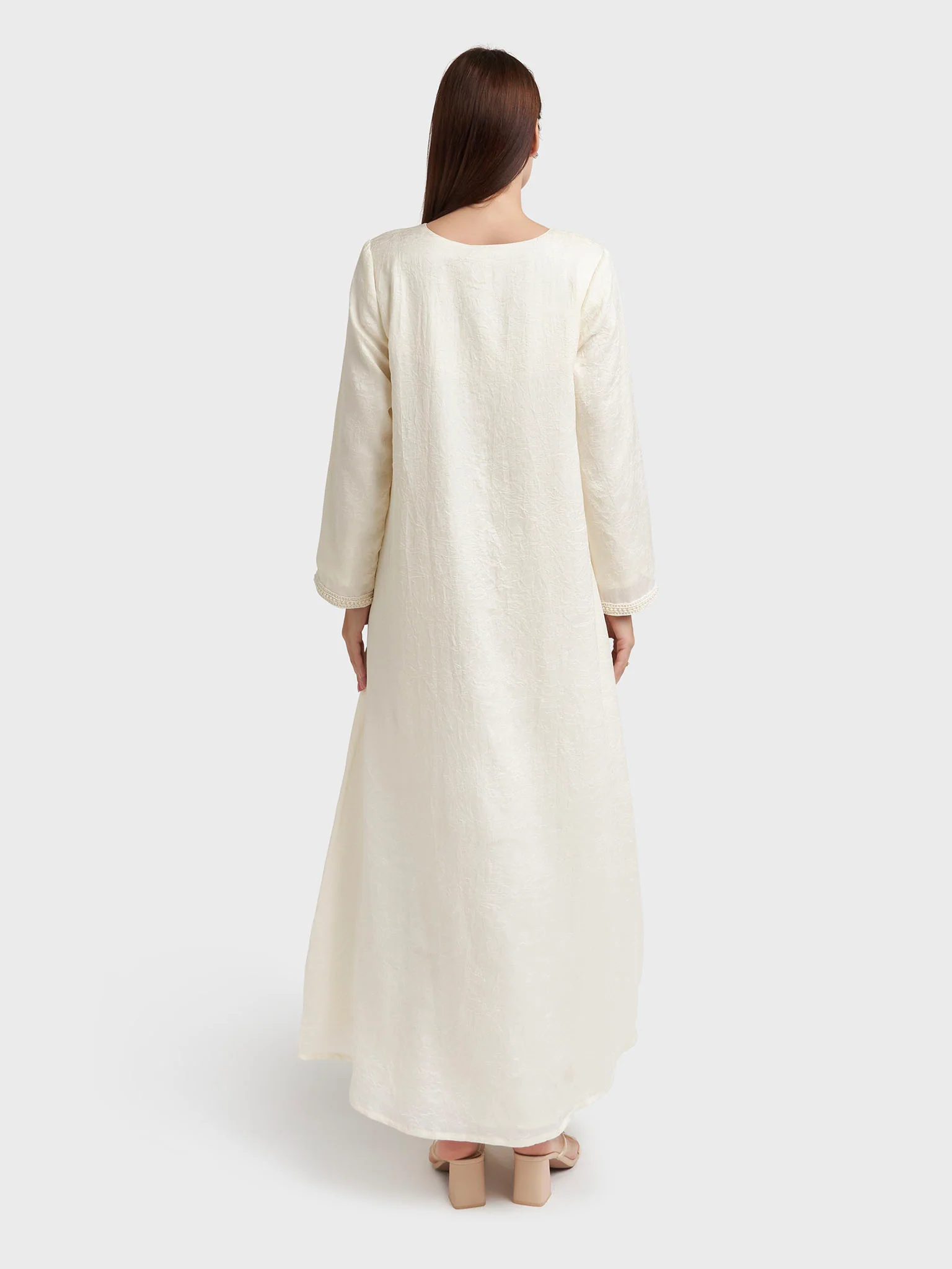 Solid Cream Colour Tashan Silk Jalabiya with Bead Work (VW86) - Image 4