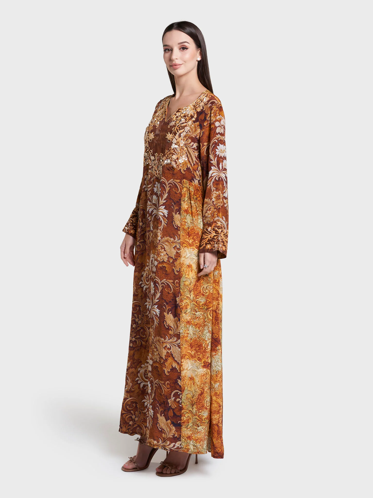 Mustard Print Hand Work Viscose Crepe Jalabiya (VW468) - Image 3