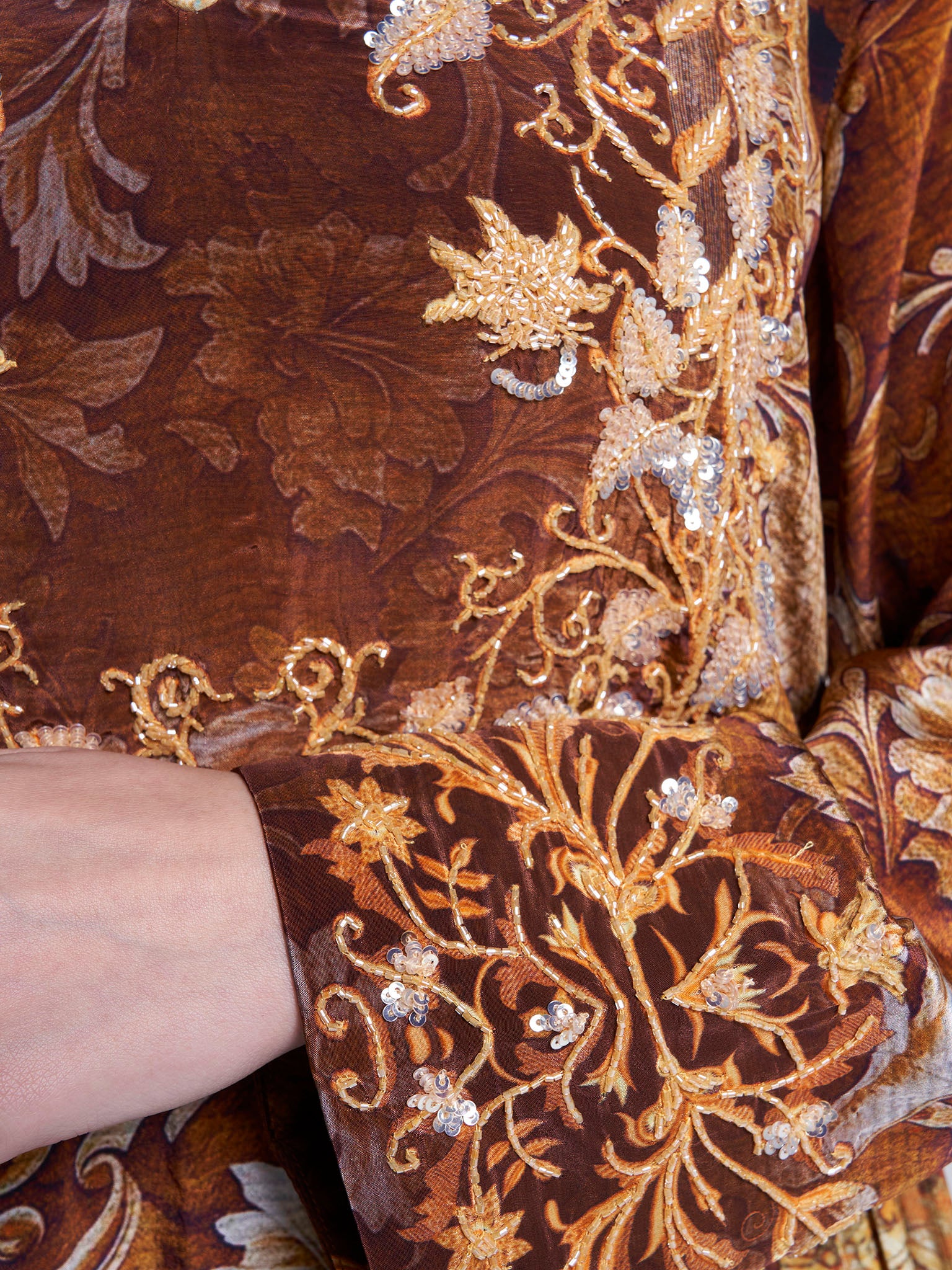 Mustard Print Hand Work Viscose Crepe Jalabiya (VW468) - Image 5