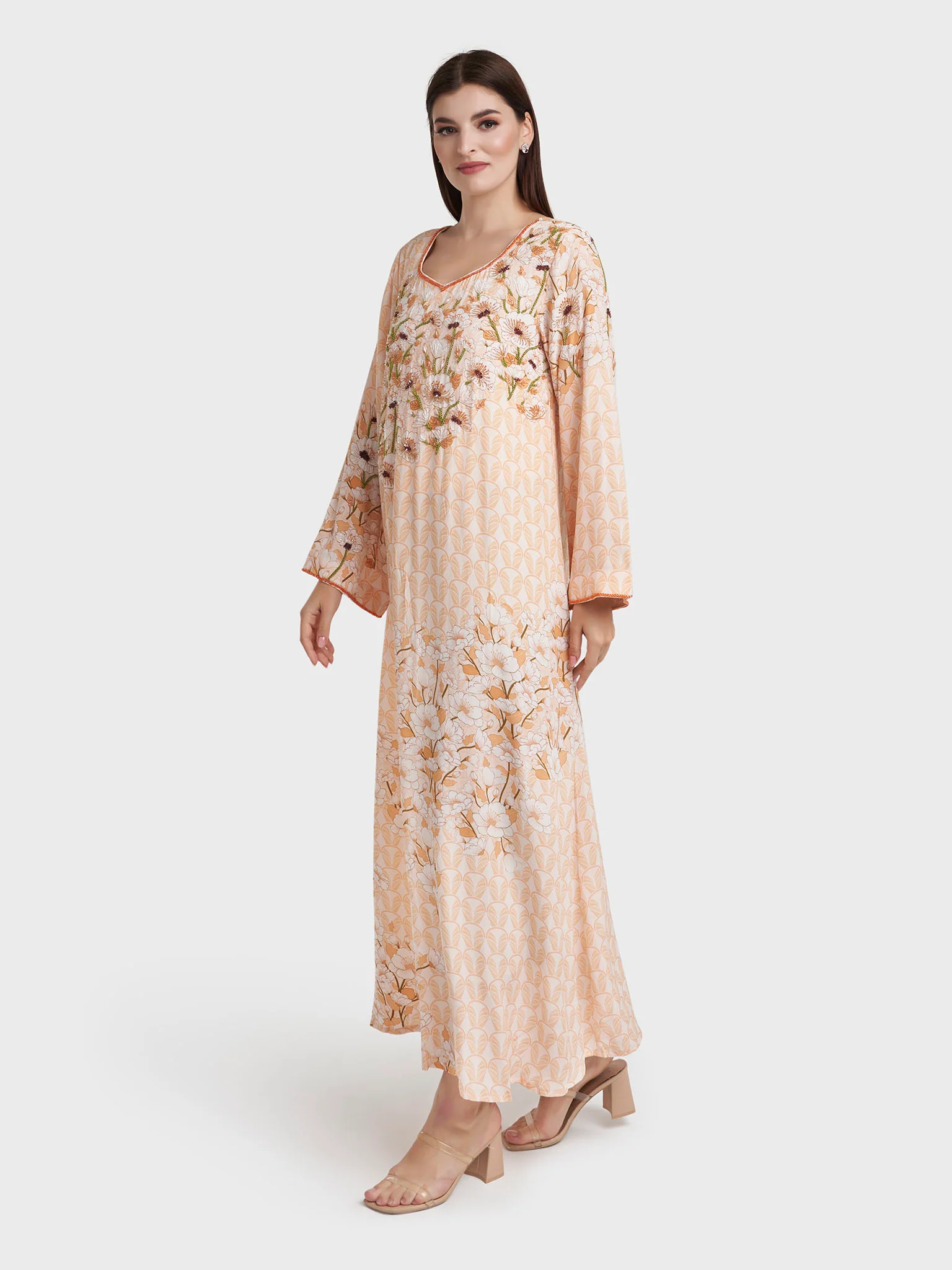 Peach Viscose Crepe Floral Print Handworok Jalabiya (VDK368) - Image 3