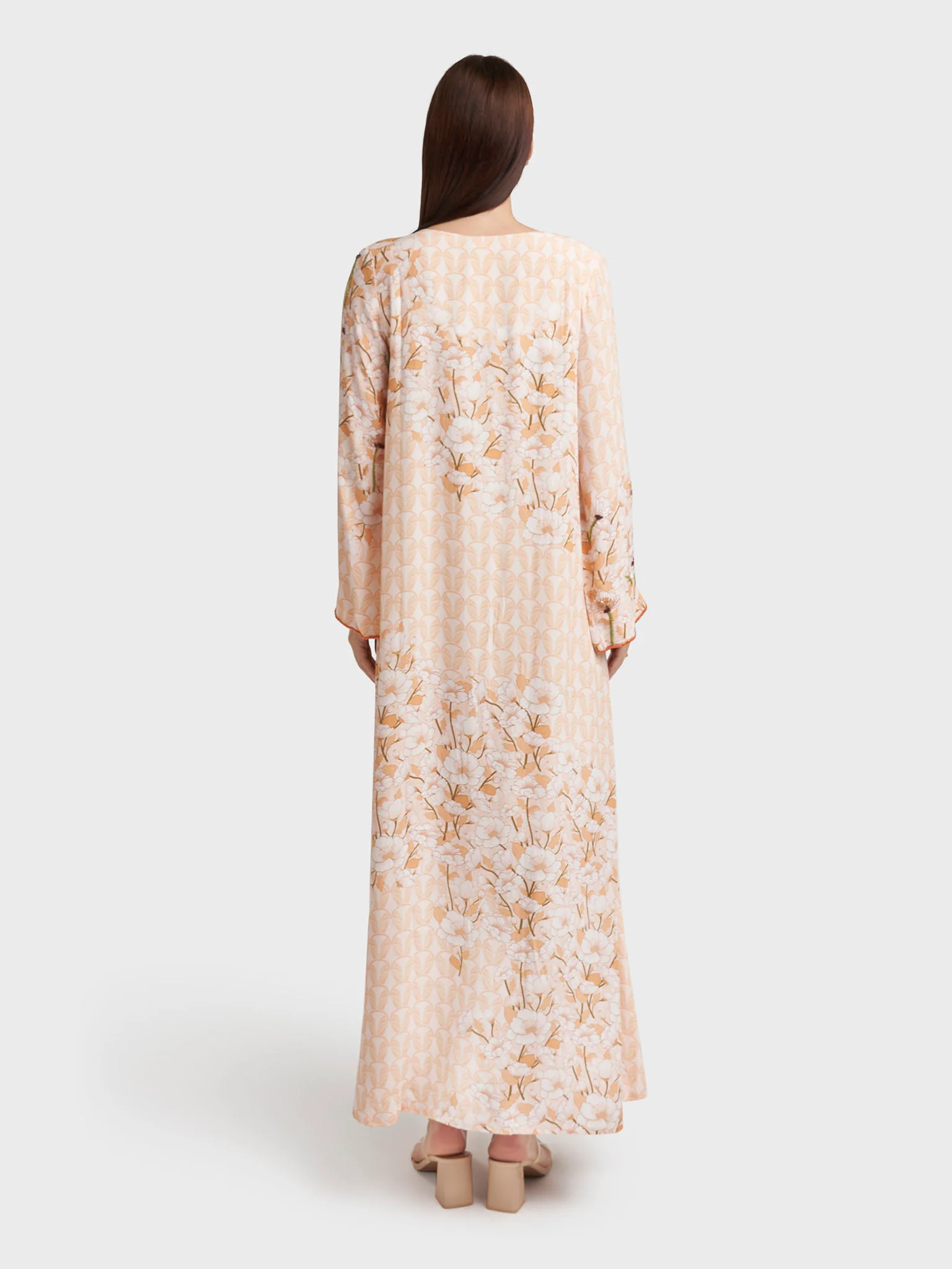 Peach Viscose Crepe Floral Print Handworok Jalabiya (VDK368) - Image 4