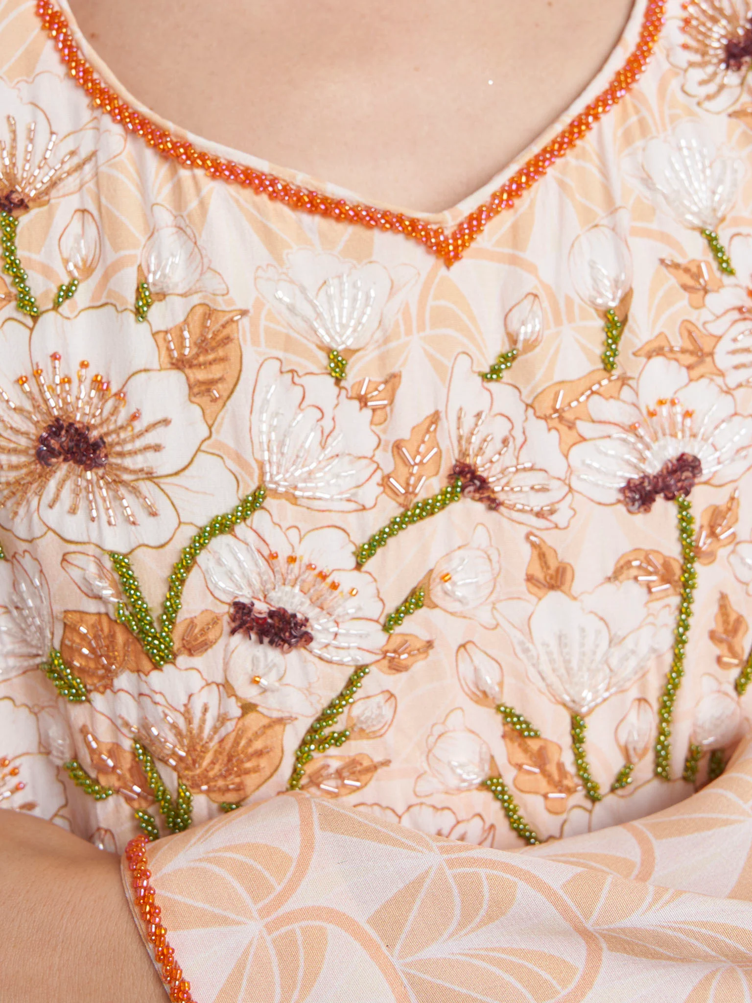 Peach Viscose Crepe Floral Print Handworok Jalabiya (VDK368) - Image 5