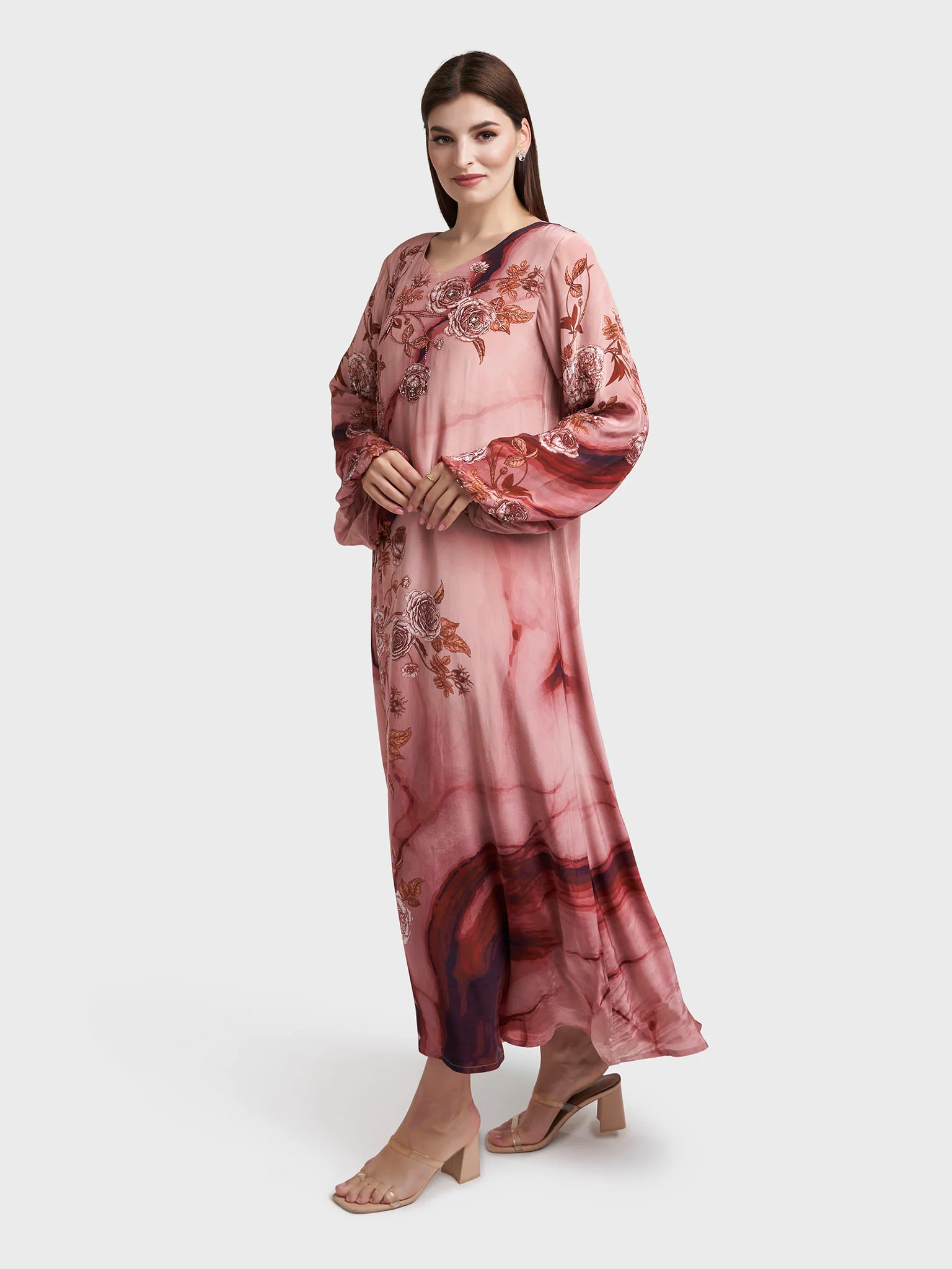 Old Rose Viscose Crepe Floral Print Old Rose Floral Print Dress with Hand Work (VDM934) - Image 3
