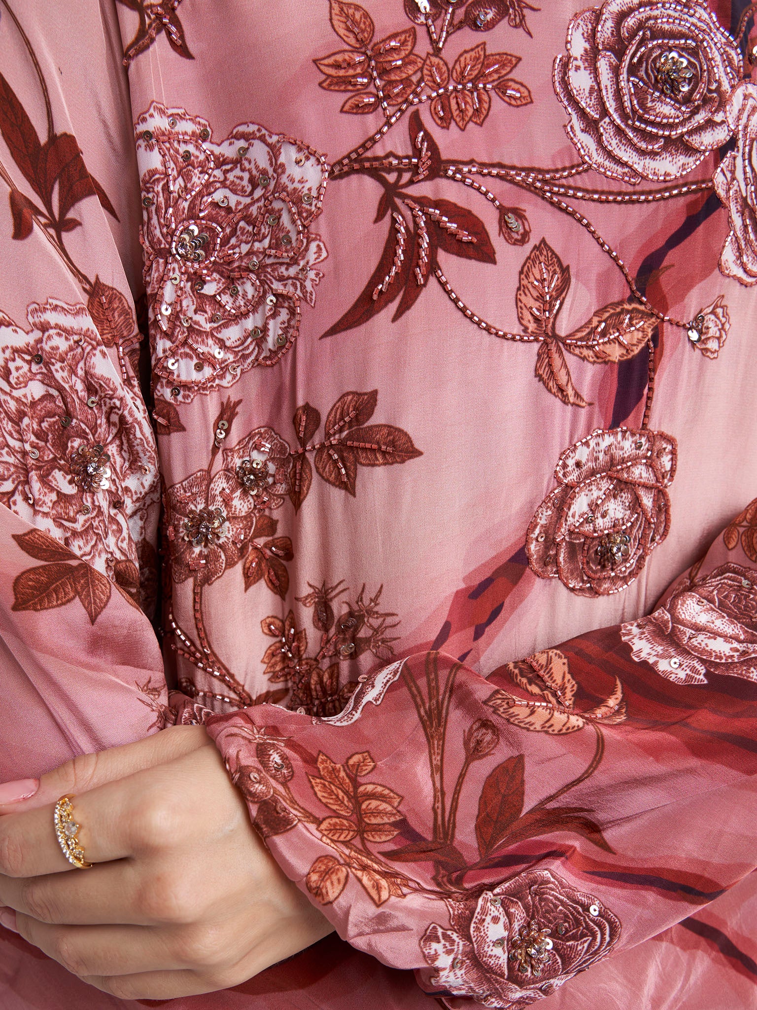 Old Rose Viscose Crepe Floral Print Old Rose Floral Print Dress with Hand Work (VDM934) - Image 5