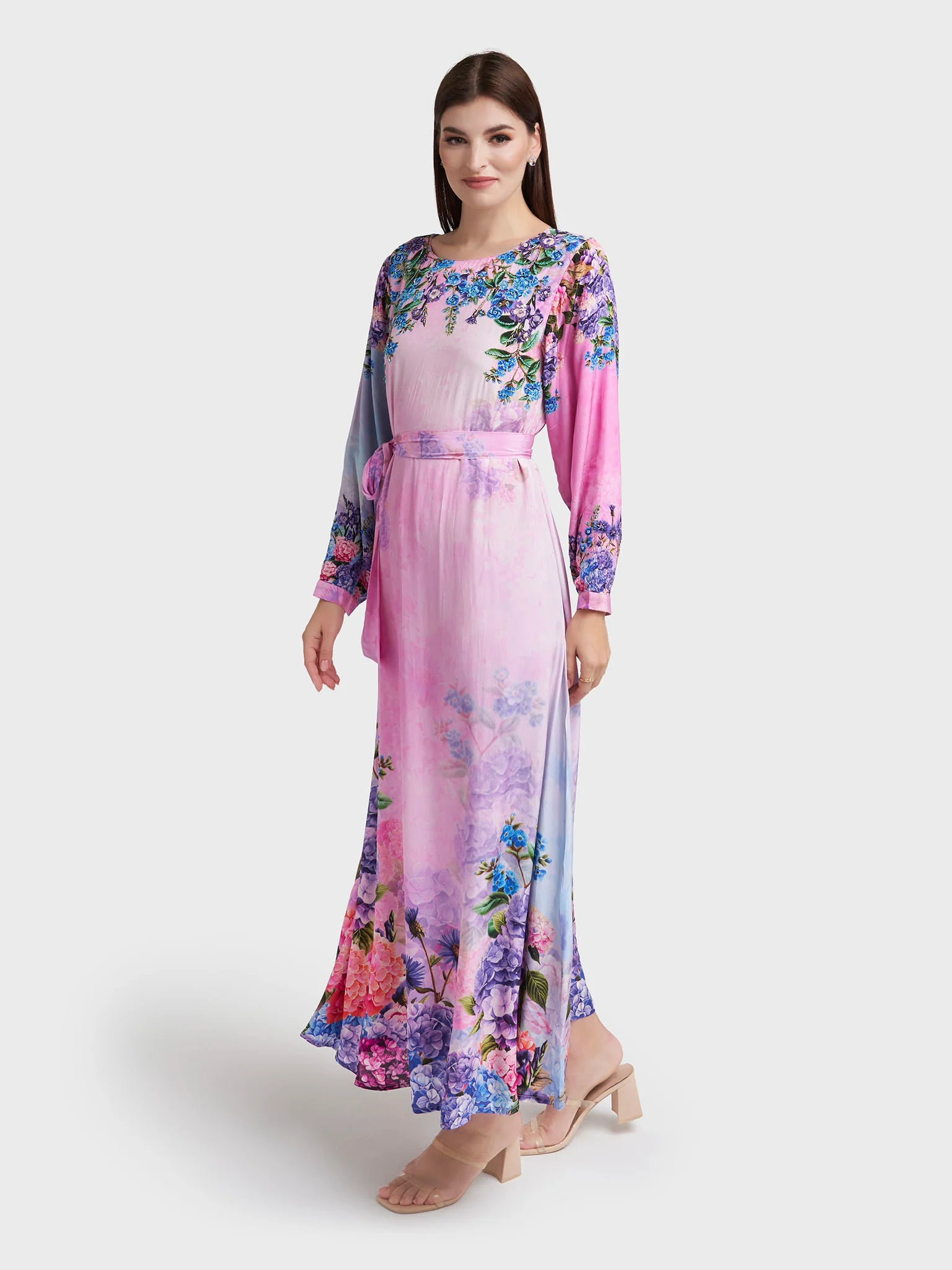 Light Pink Viscose Crepe Floral Print Light Pink Viscose Crepe Floral Print Dress with Beads Work (VDX09) - Image 3