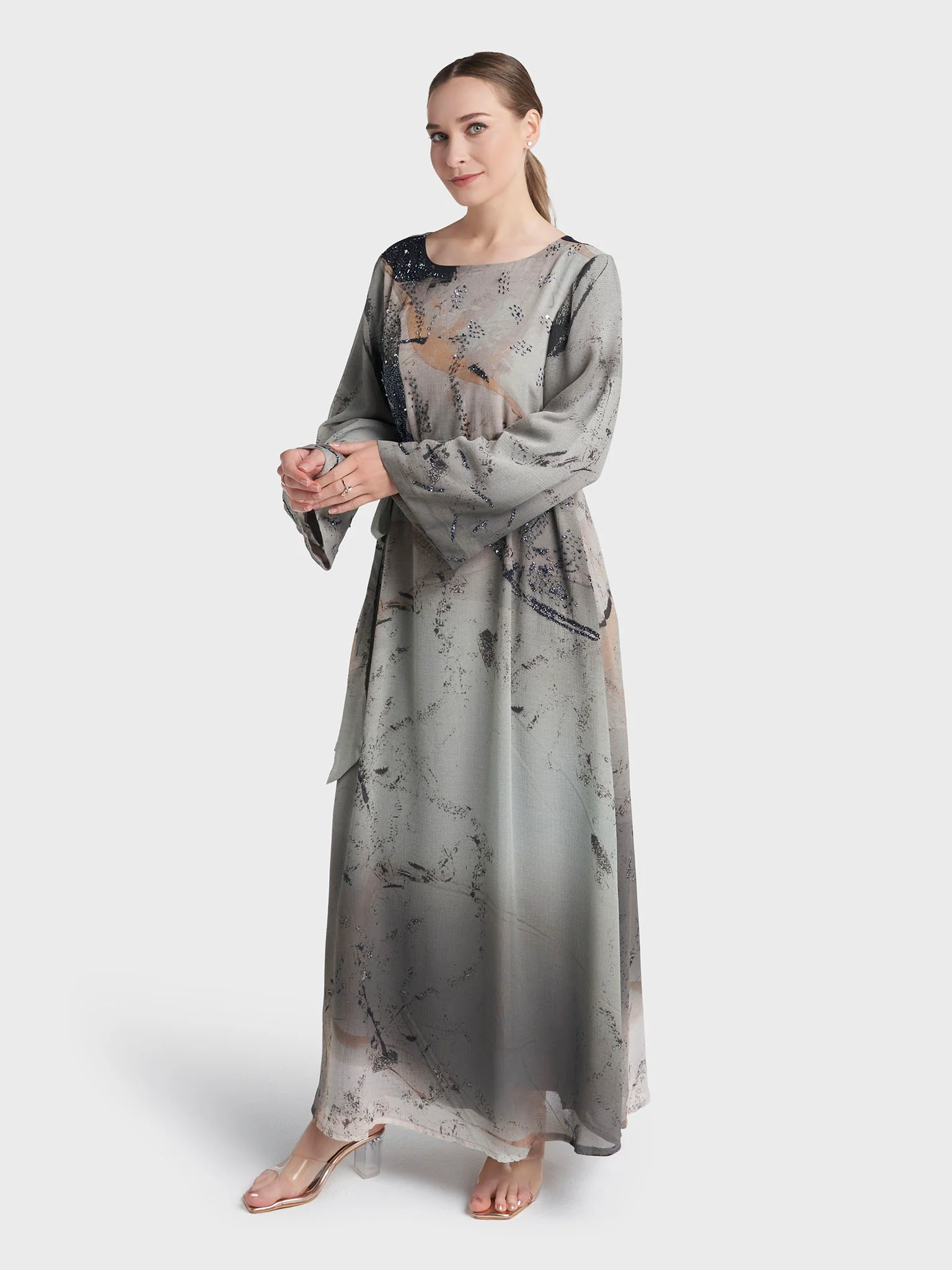 Grey Colour Hand Work Chiffon Abstract Printed Dress (VDX11) - Image 3