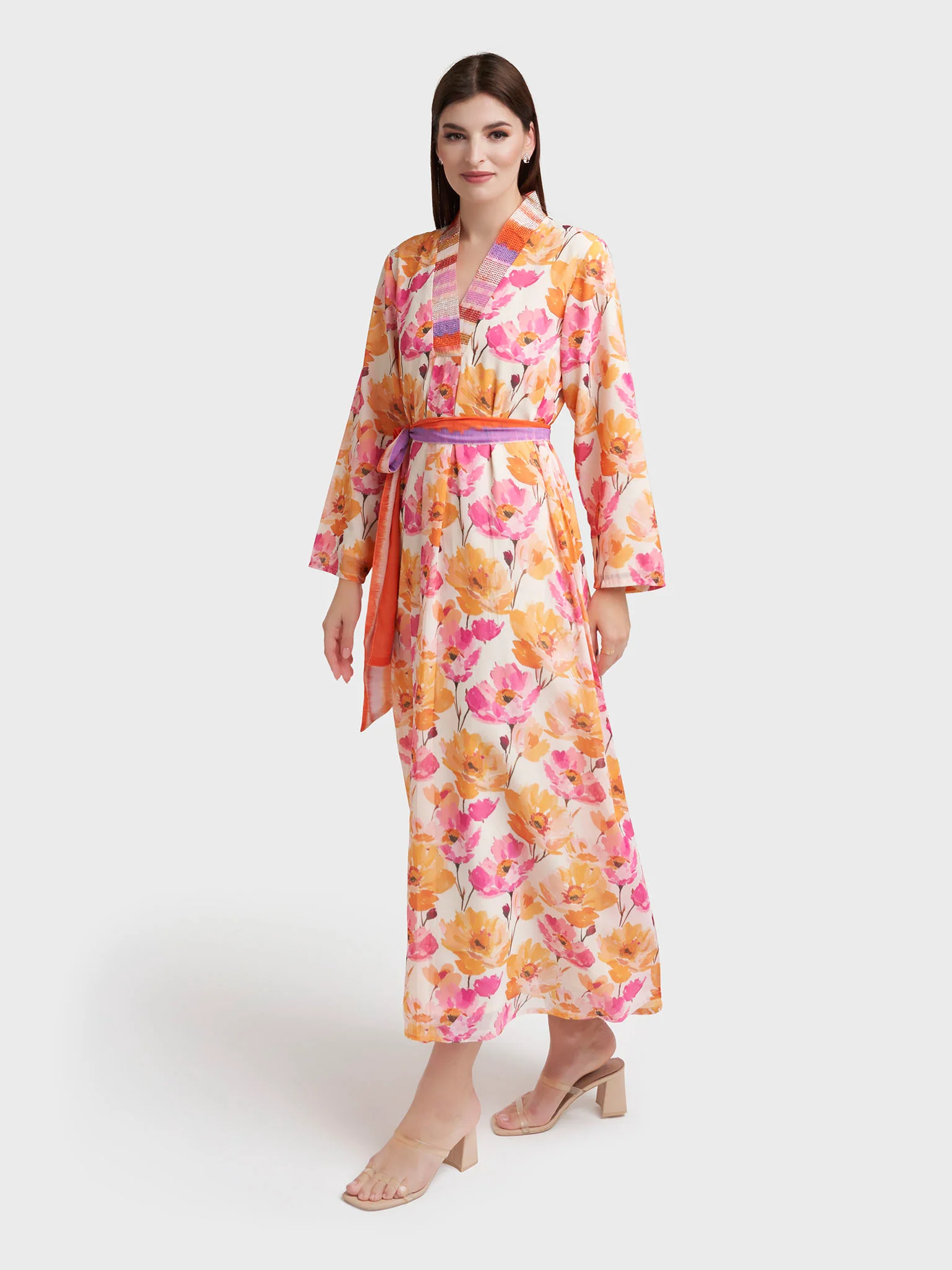 Mustard and Pink Georgette Floral Print Dress (VW299) - Image 3
