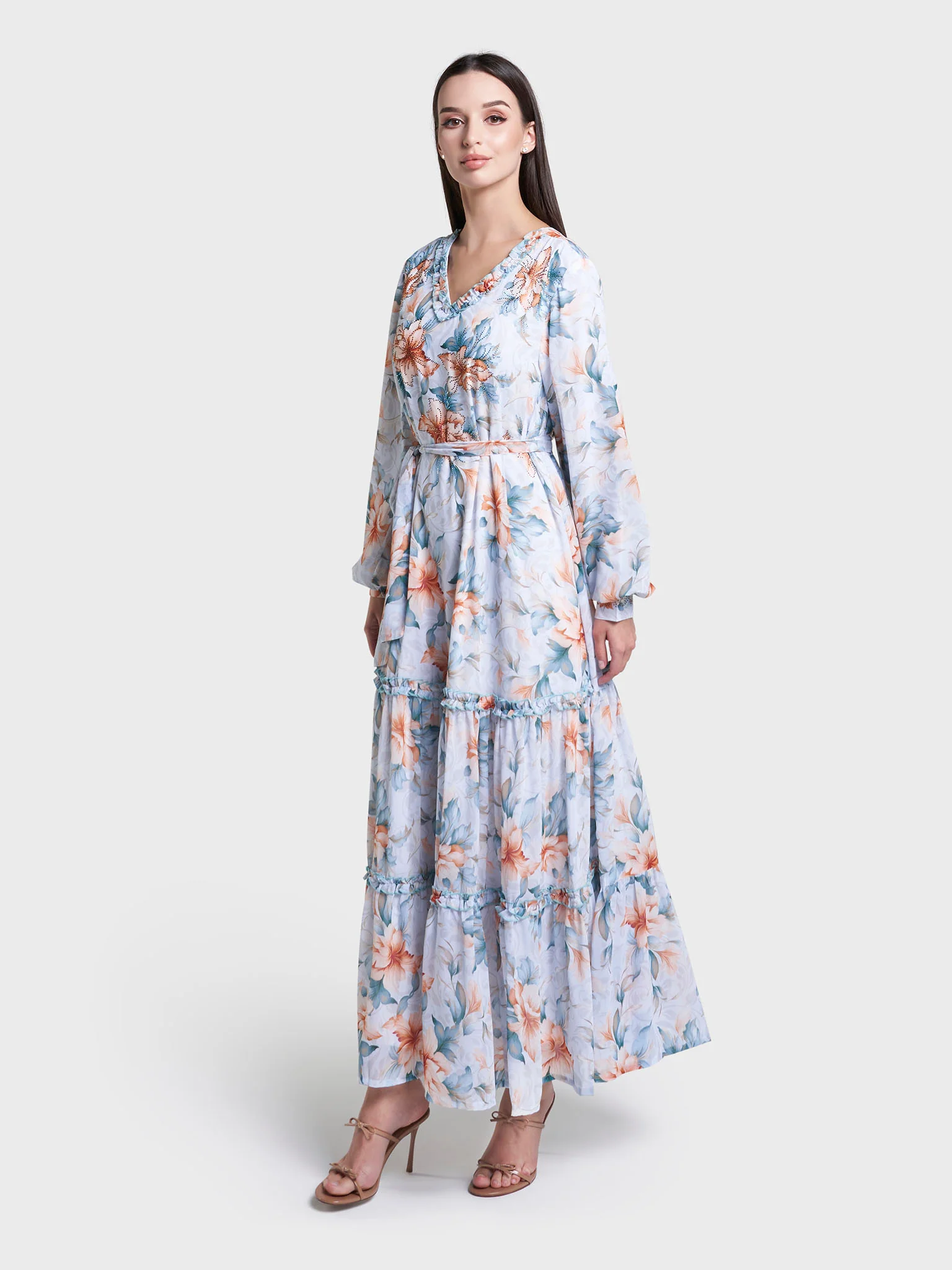 Light Blue Floral Print Stone Work Georgette Long Dress (VW364) - Image 3