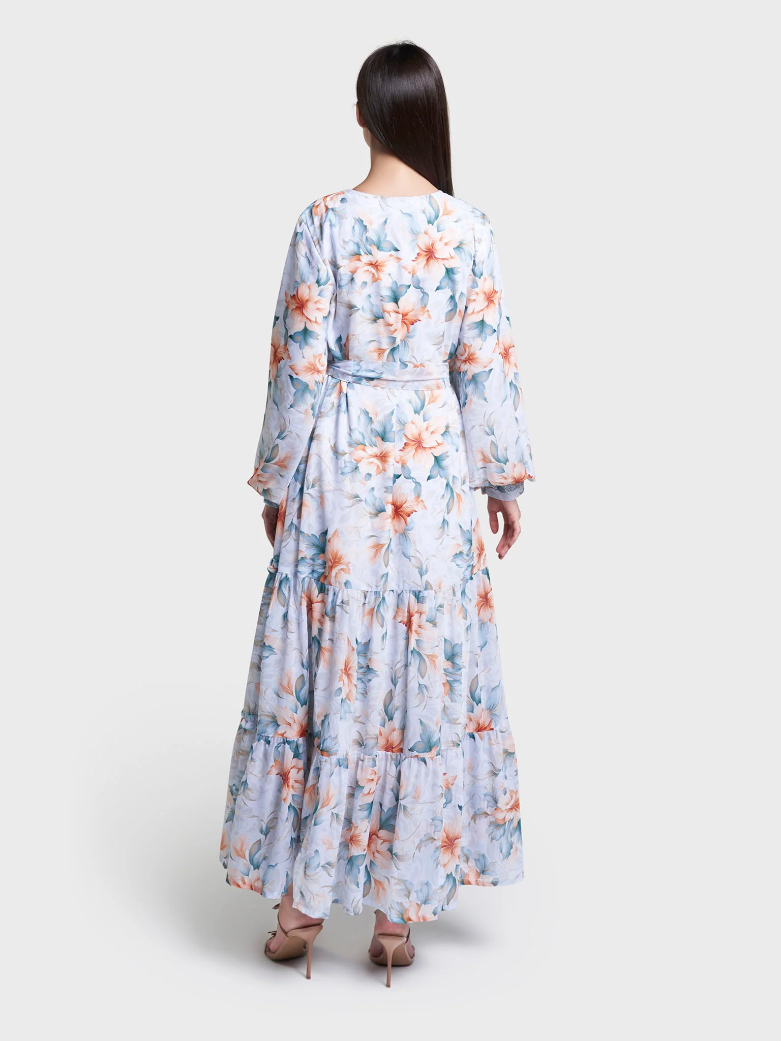 Light Blue Floral Print Stone Work Georgette Long Dress (VW364) - Image 4