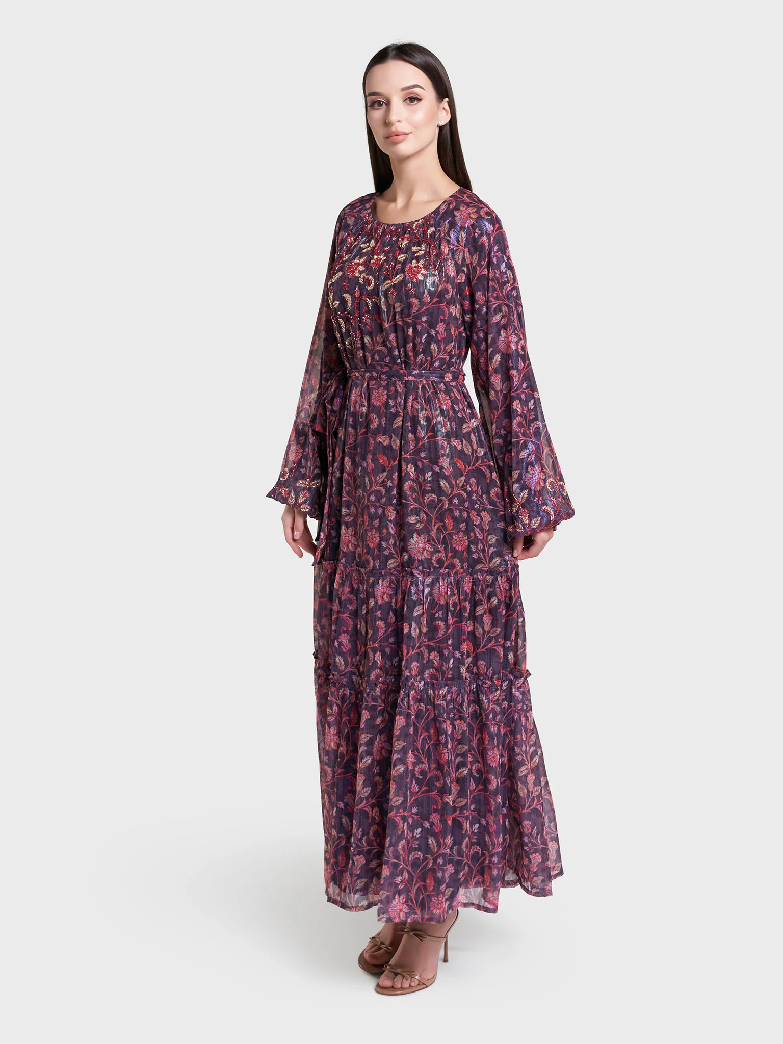 Chocolate Print Hand Work Lurex Long Dress (VW372) - Image 3