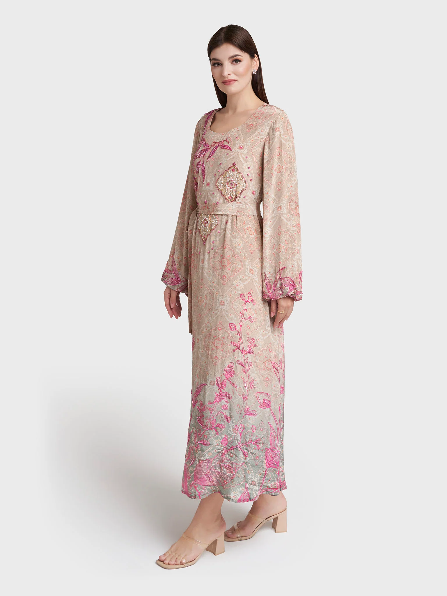 Mocha Viscose Crepe Geometric Print Hand Work Dress (VDK339) - Image 3