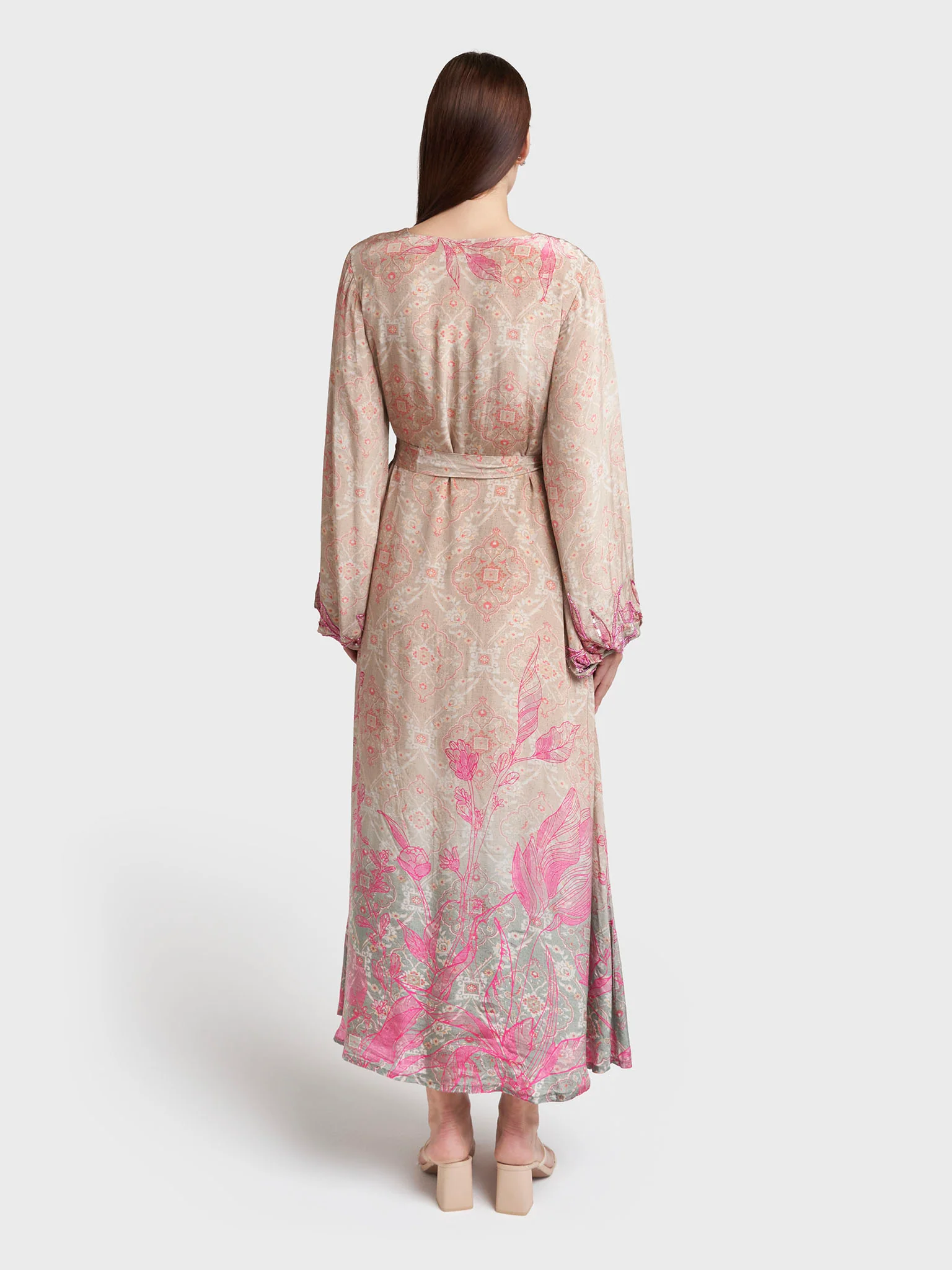 Mocha Viscose Crepe Geometric Print Hand Work Dress (VDK339) - Image 4