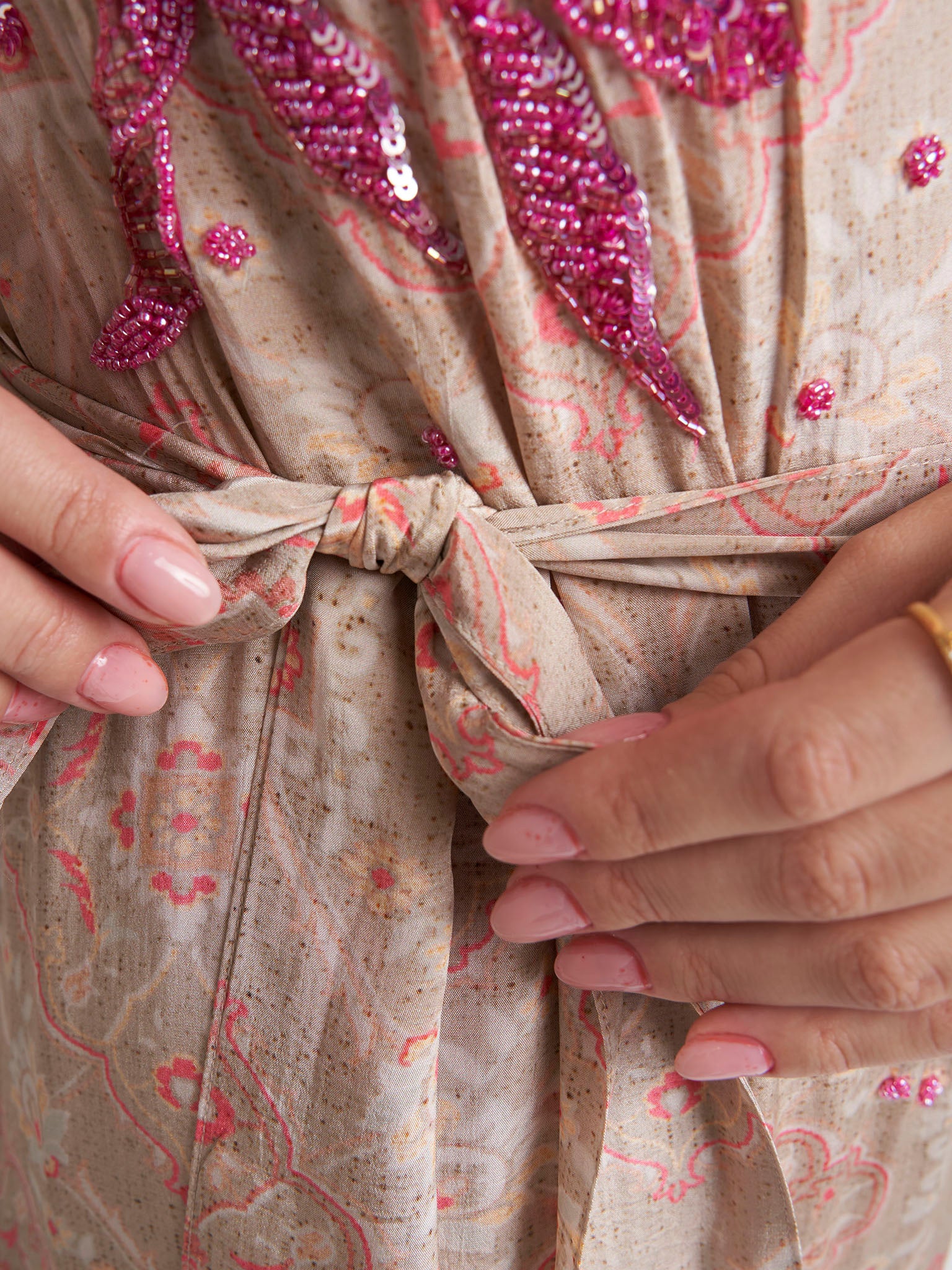 Mocha Viscose Crepe Geometric Print Hand Work Dress (VDK339) - Image 5