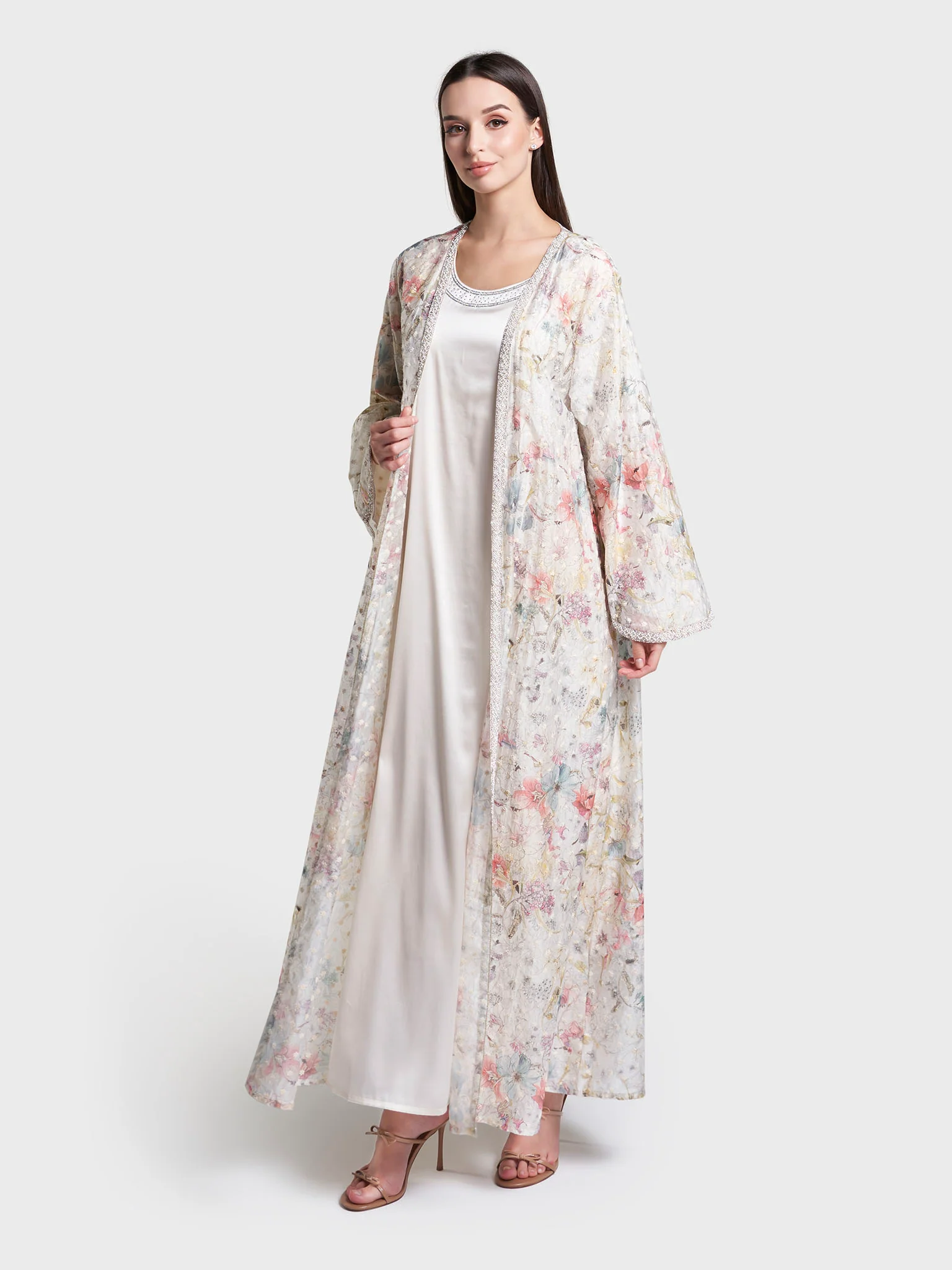Machine Embroidered Flowers Hand work Satin Kimono (AM642) - Image 10