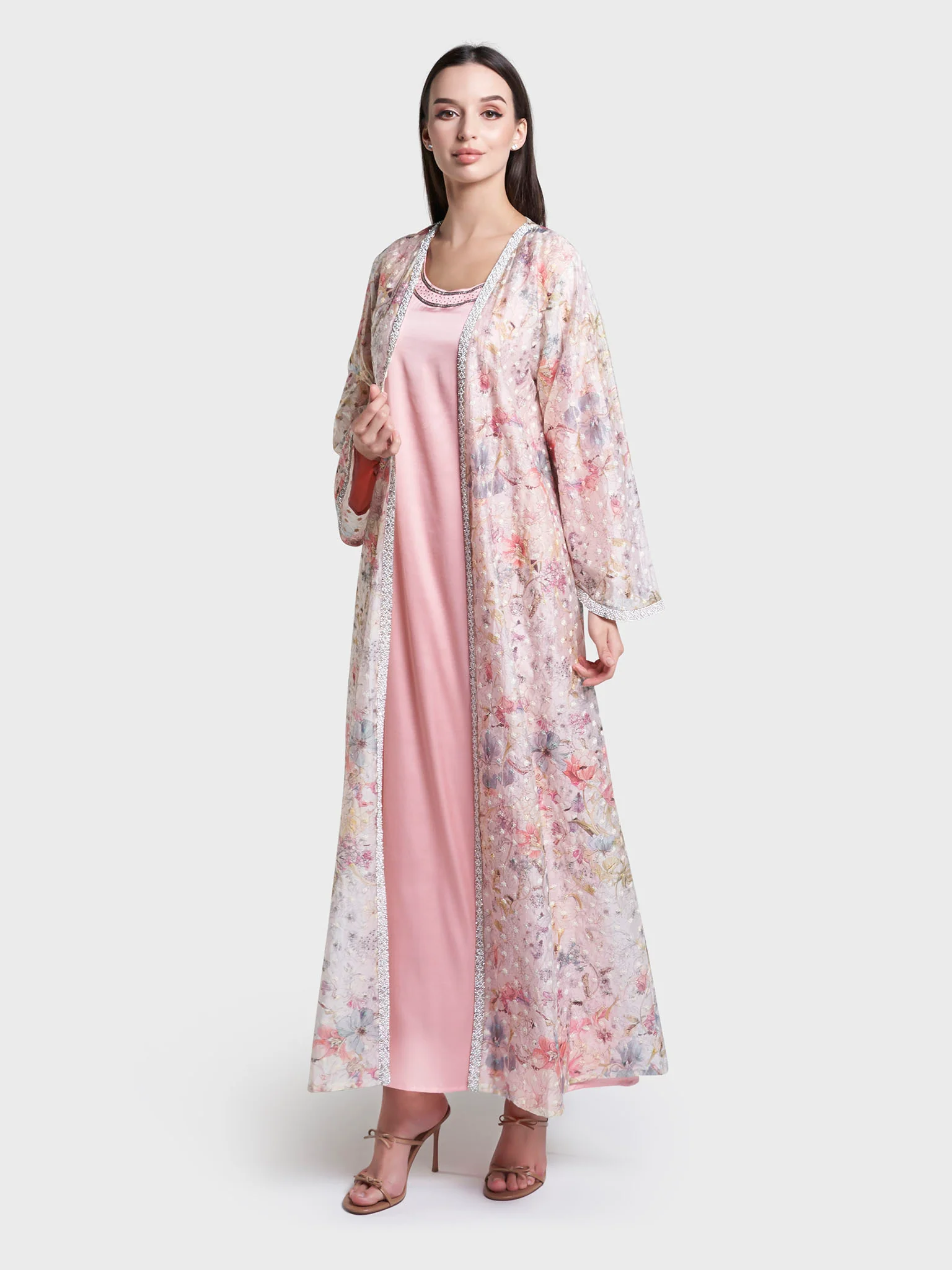 Machine Embroidered Flowers Hand work Satin Kimono (AM642) - Image 4