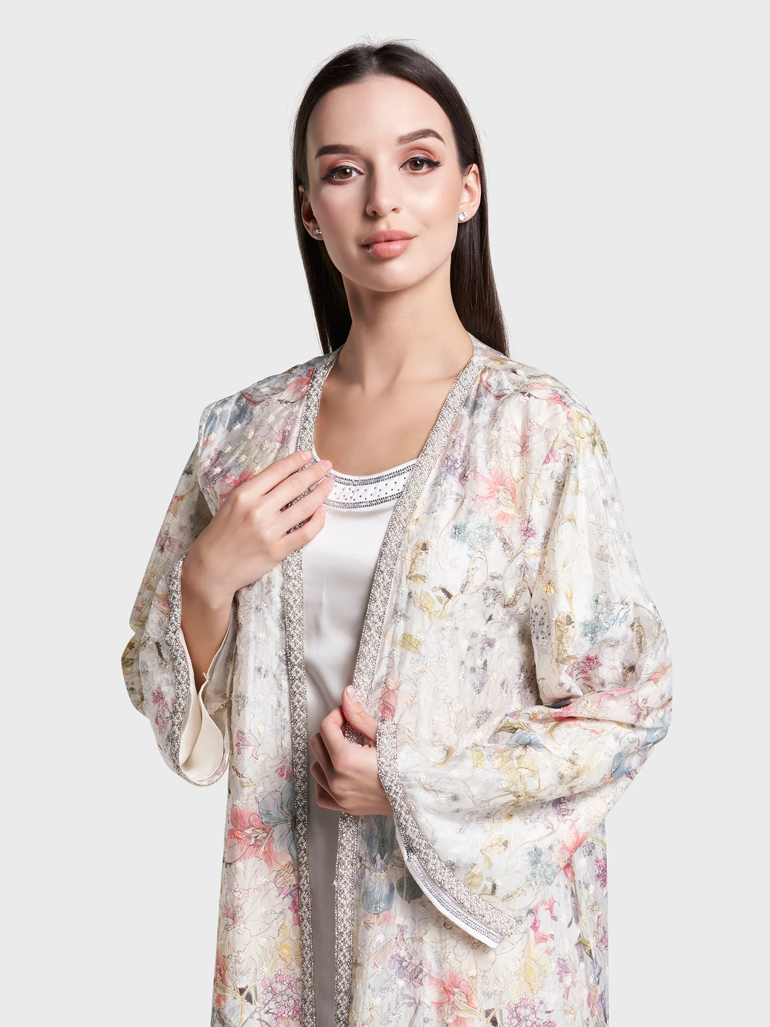 Machine Embroidered Flowers Hand work Satin Kimono (AM642) - Image 7