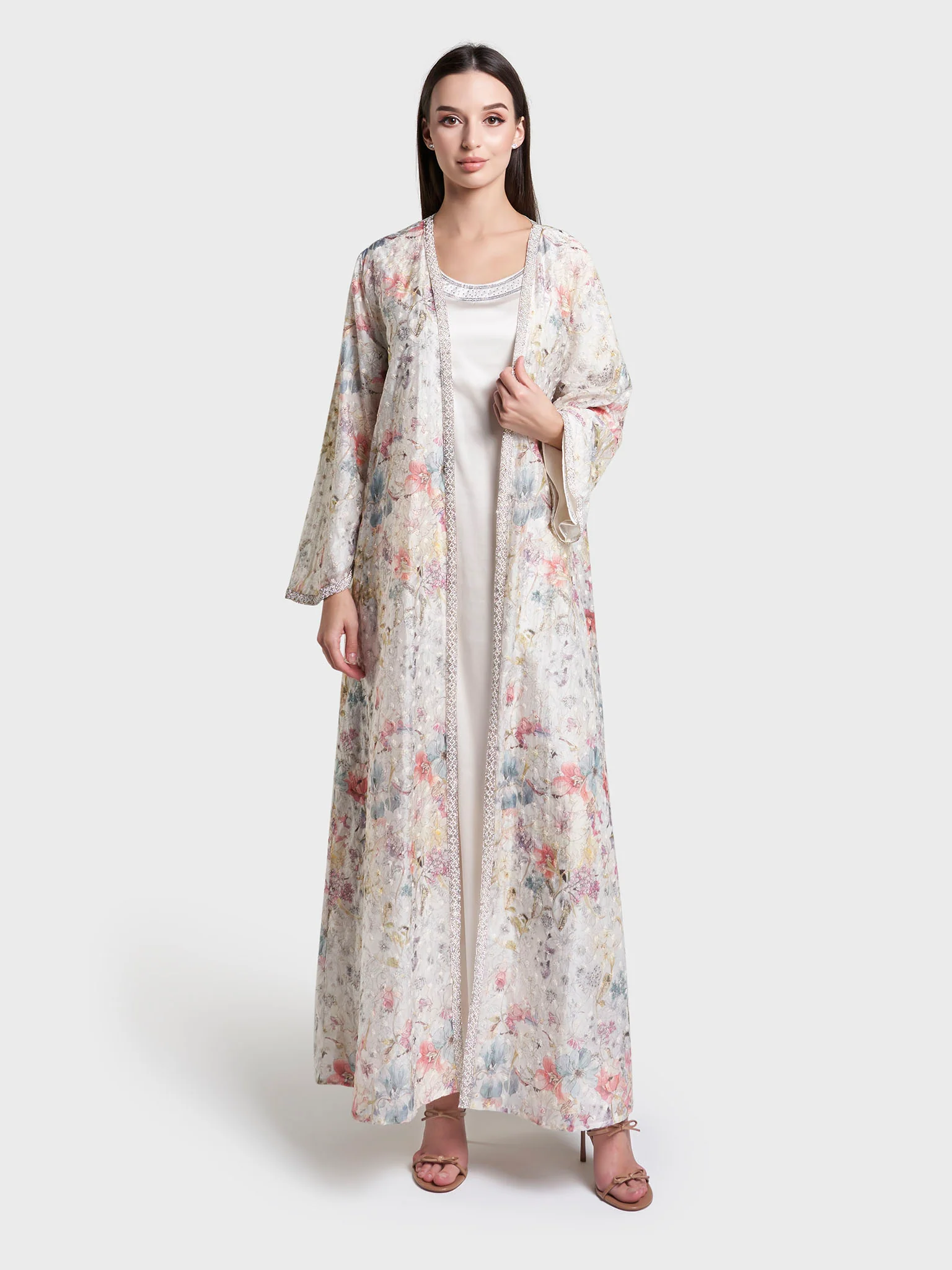 Machine Embroidered Flowers Hand work Satin Kimono (AM642) - Image 8