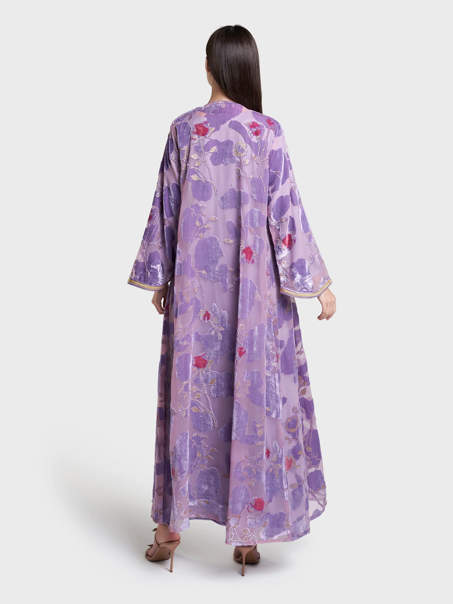 Peach & Purple Self Print Velvet Flower Hand Work Kimono (RIZ16) - Image 10