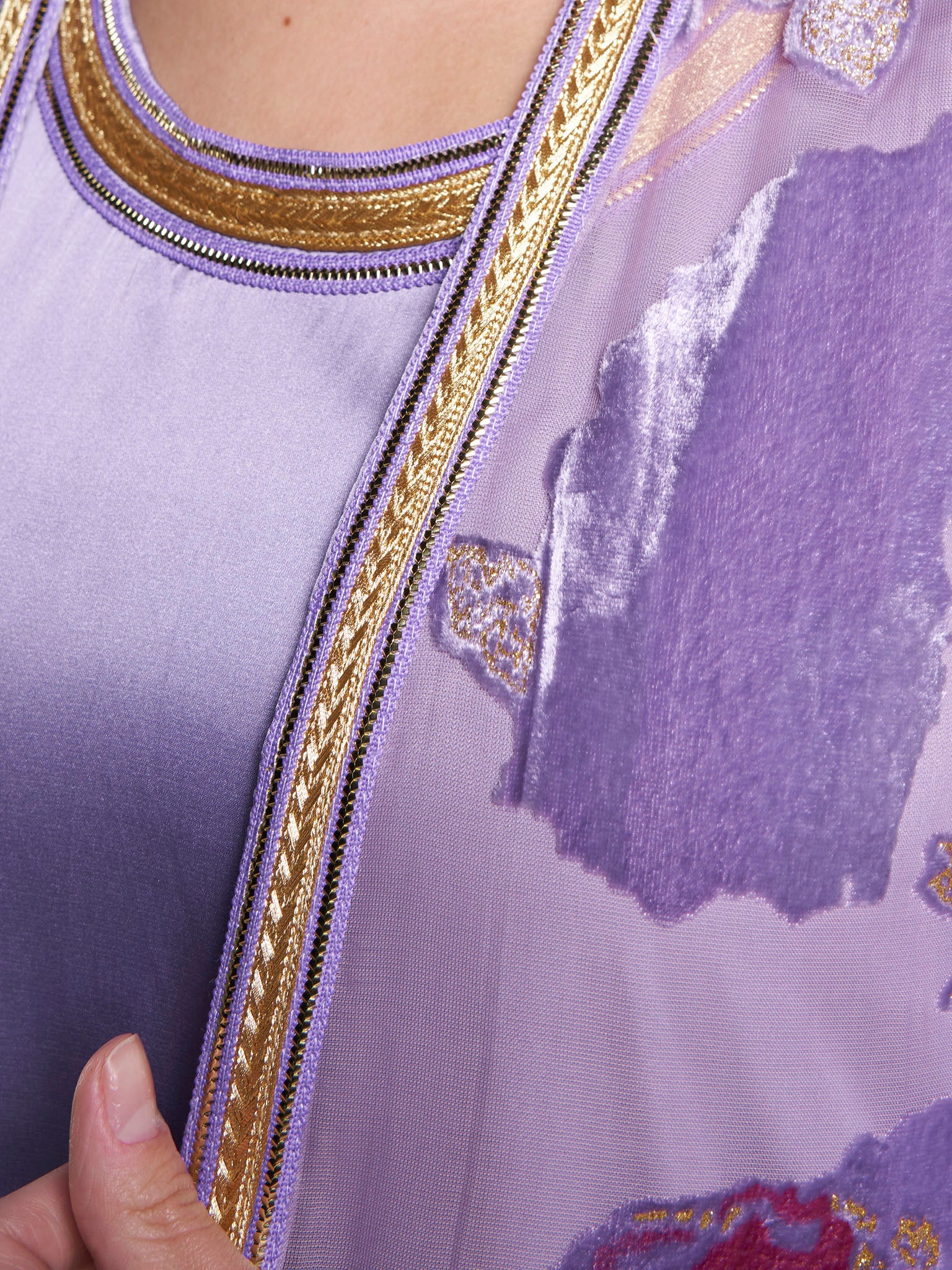 Peach & Purple Self Print Velvet Flower Hand Work Kimono (RIZ16) - Image 12