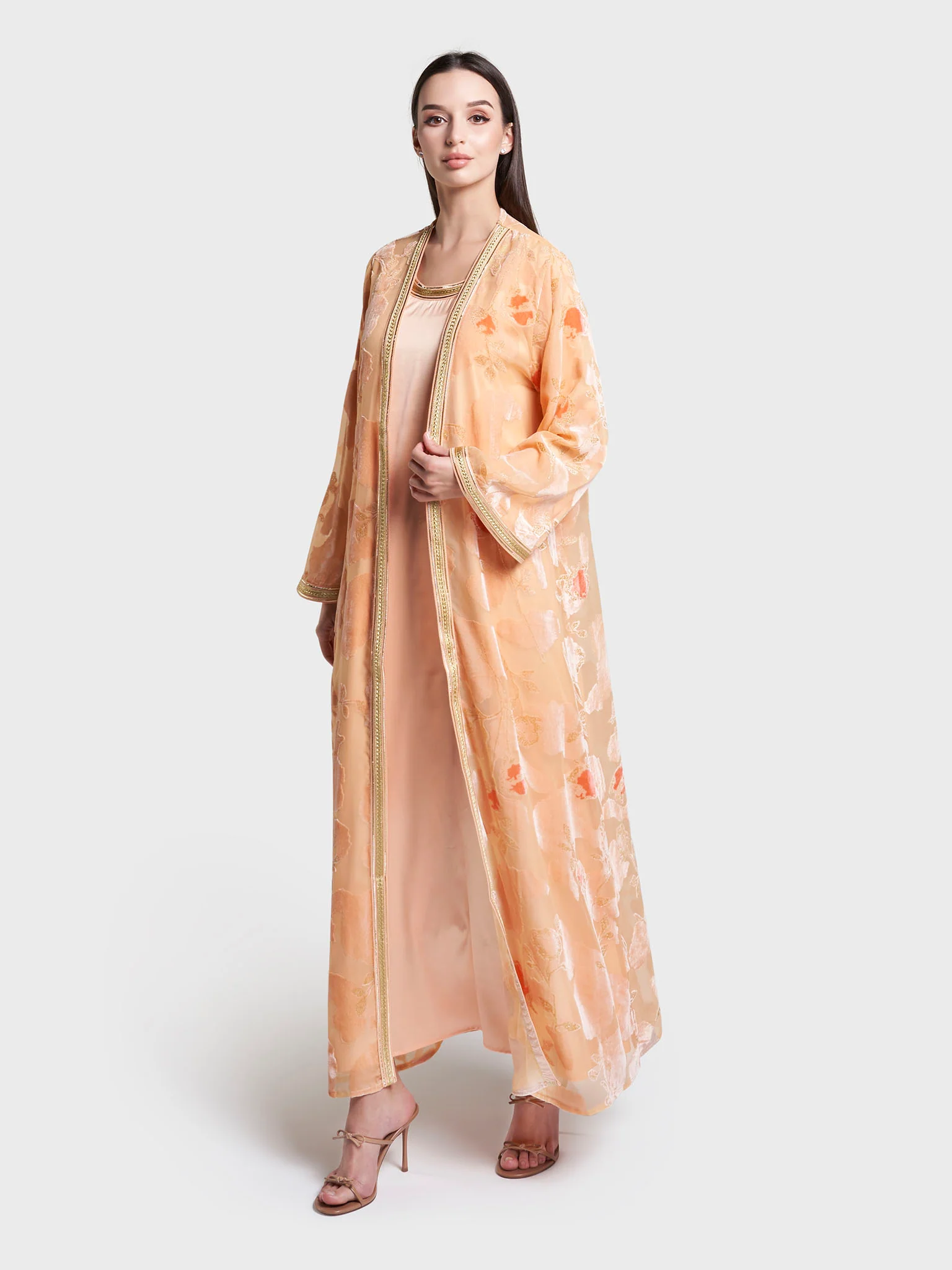 Peach & Purple Self Print Velvet Flower Hand Work Kimono (RIZ16) - Image 4