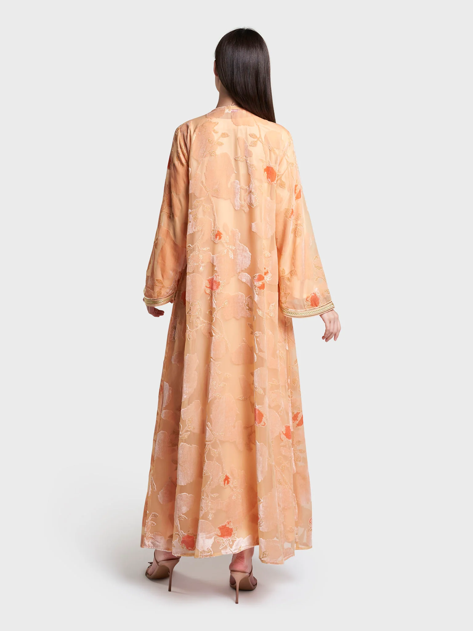 Peach & Purple Self Print Velvet Flower Hand Work Kimono (RIZ16) - Image 5