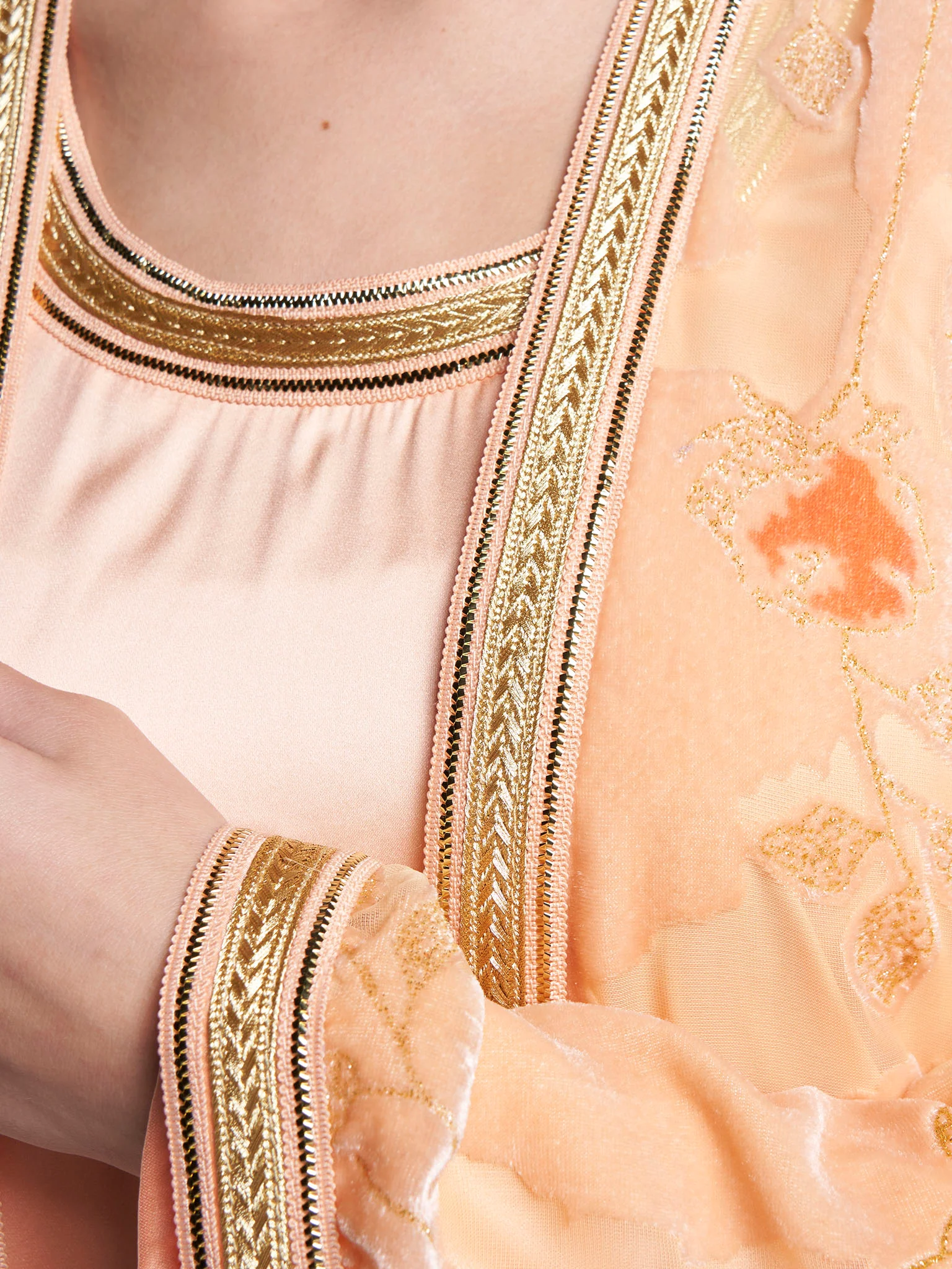 Peach & Purple Self Print Velvet Flower Hand Work Kimono (RIZ16) - Image 6