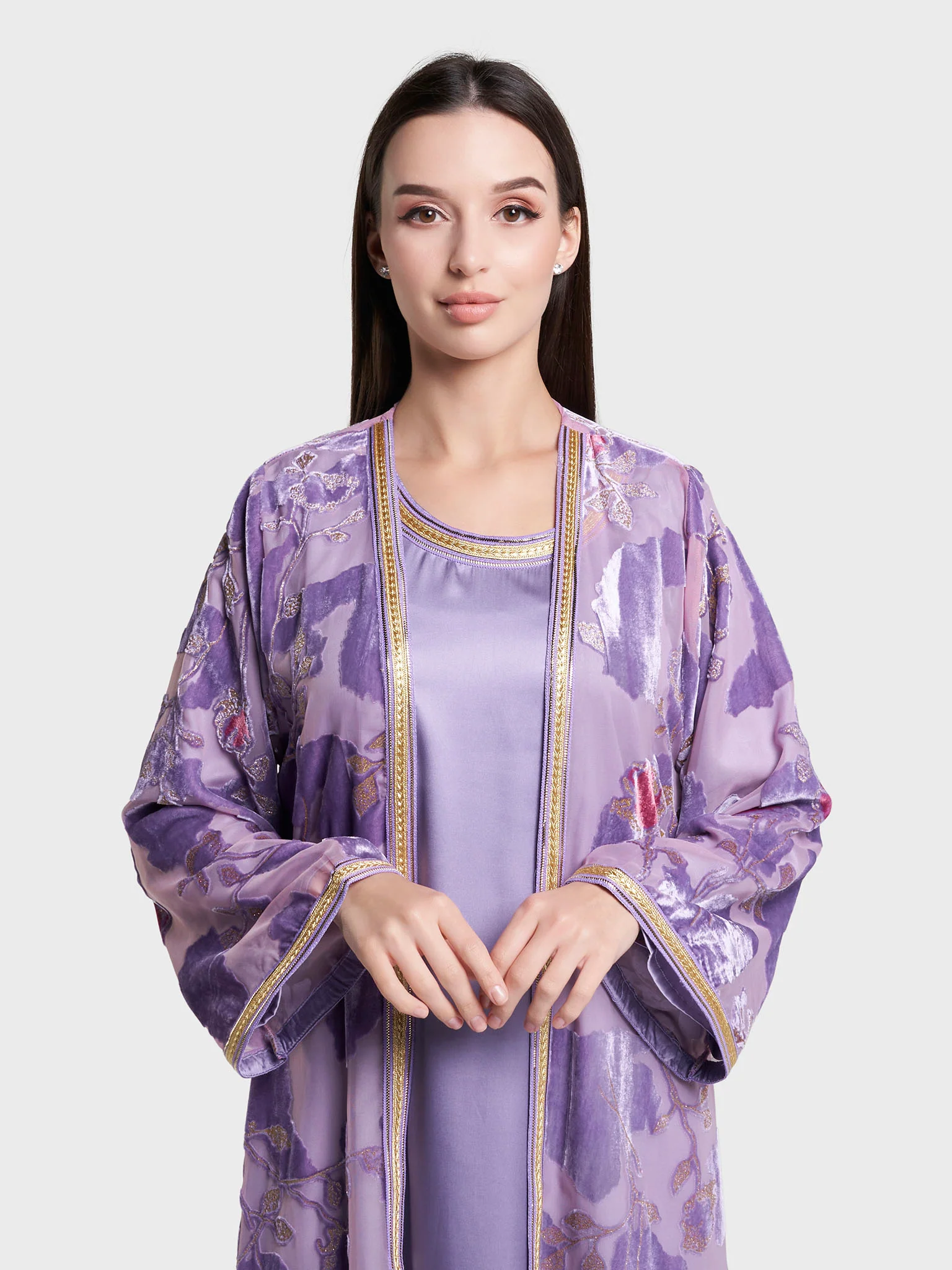Peach & Purple Self Print Velvet Flower Hand Work Kimono (RIZ16) - Image 7